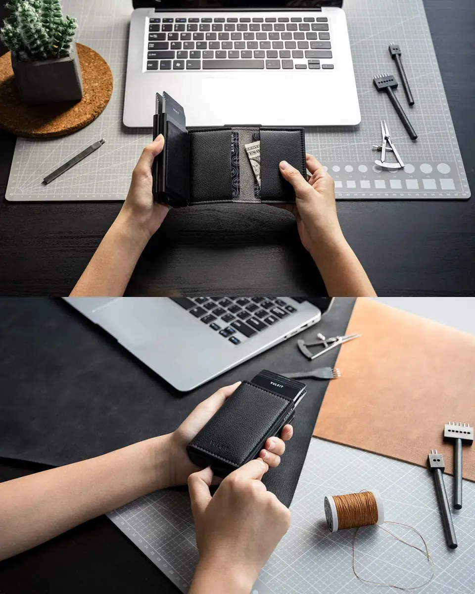 VULKIT Automatic Leather Slim Credit Card Holder with RFID Blocking Metal Double Case 11 cm (4.33 in) | Quick Access Tiered Card Pop-Up - view 4