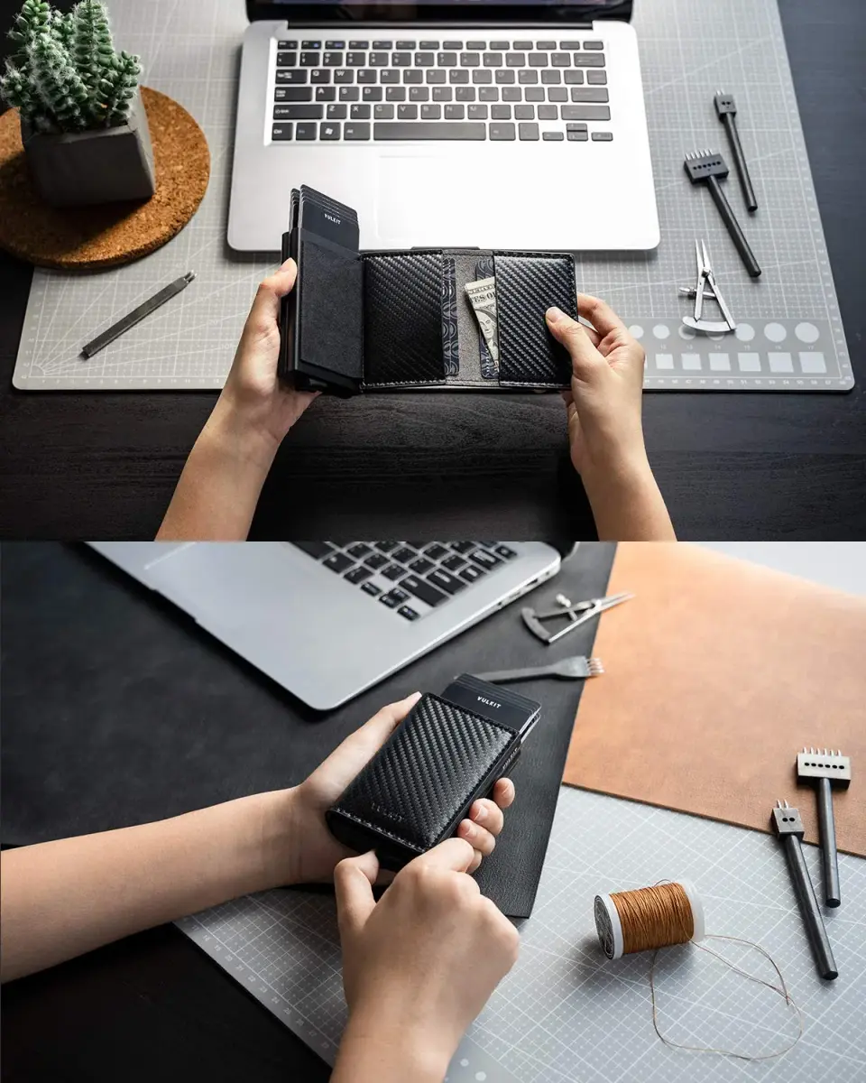 VULKIT Pop Up Double Card Case 11.9cm (4.7in) | RFID Blocking Leather & Carbon Fiber - view 4