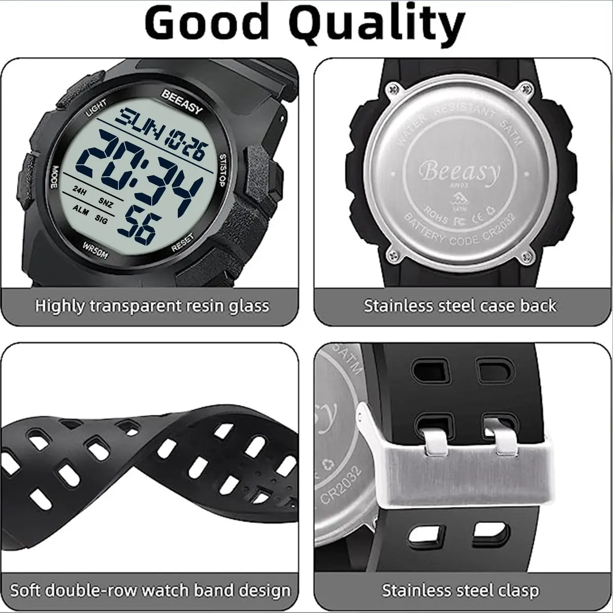 Beeasy Men's Digital Sports Watch 49mm Black | 50M Waterproof Stopwatch Countdown Timer Dual Time - view 4