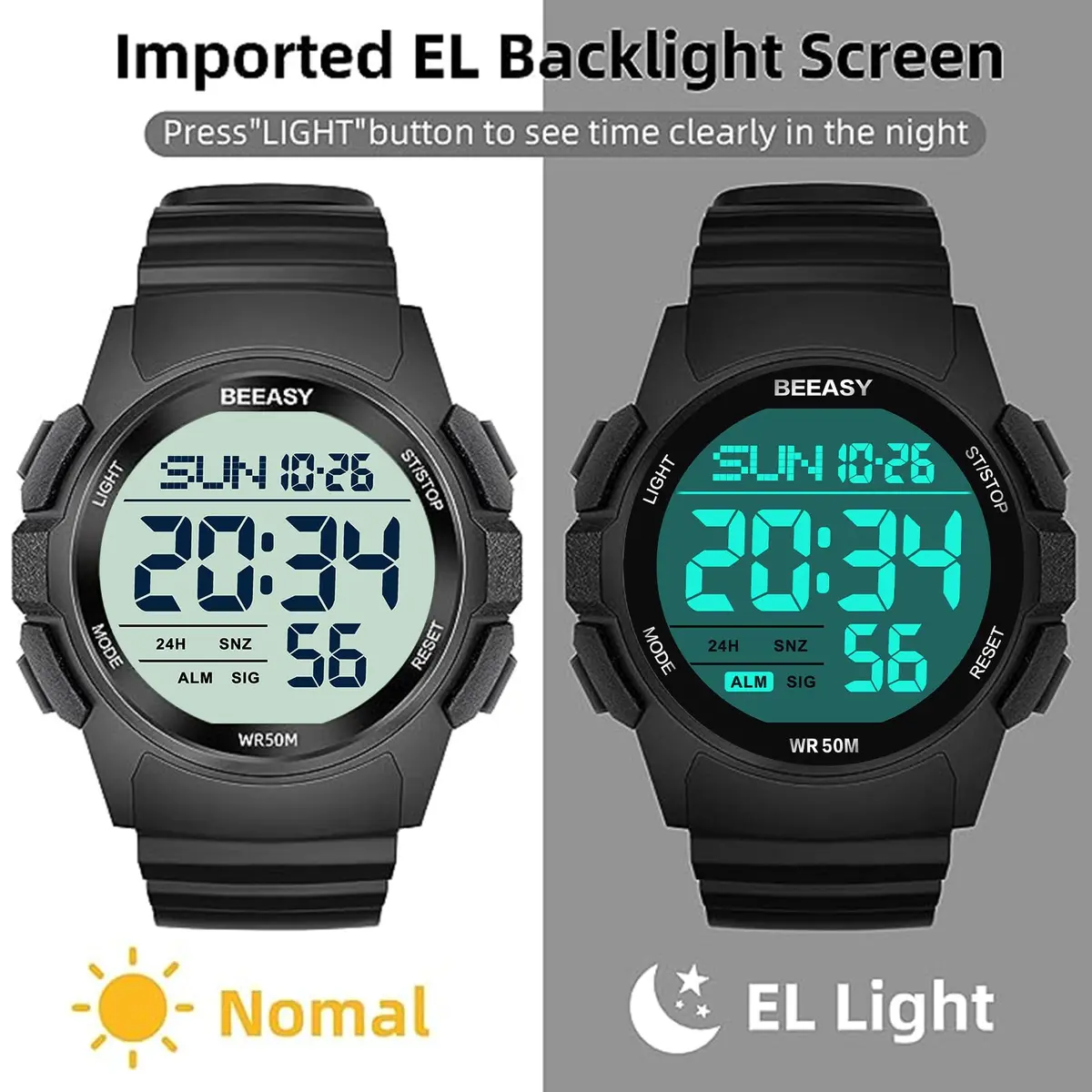 Beeasy Men's Digital Sports Watch 49mm Black | 50M Waterproof Stopwatch Countdown Timer Dual Time - view 5