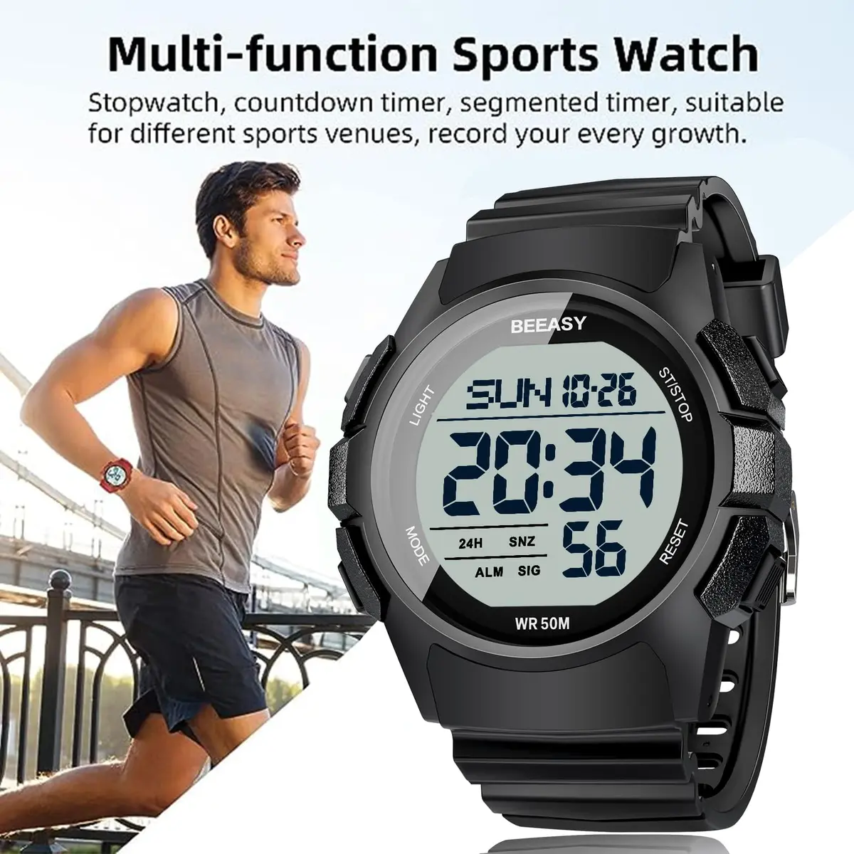 Beeasy Men's Digital Sports Watch 49mm Black | 50M Waterproof Stopwatch Countdown Timer Dual Time - view 6