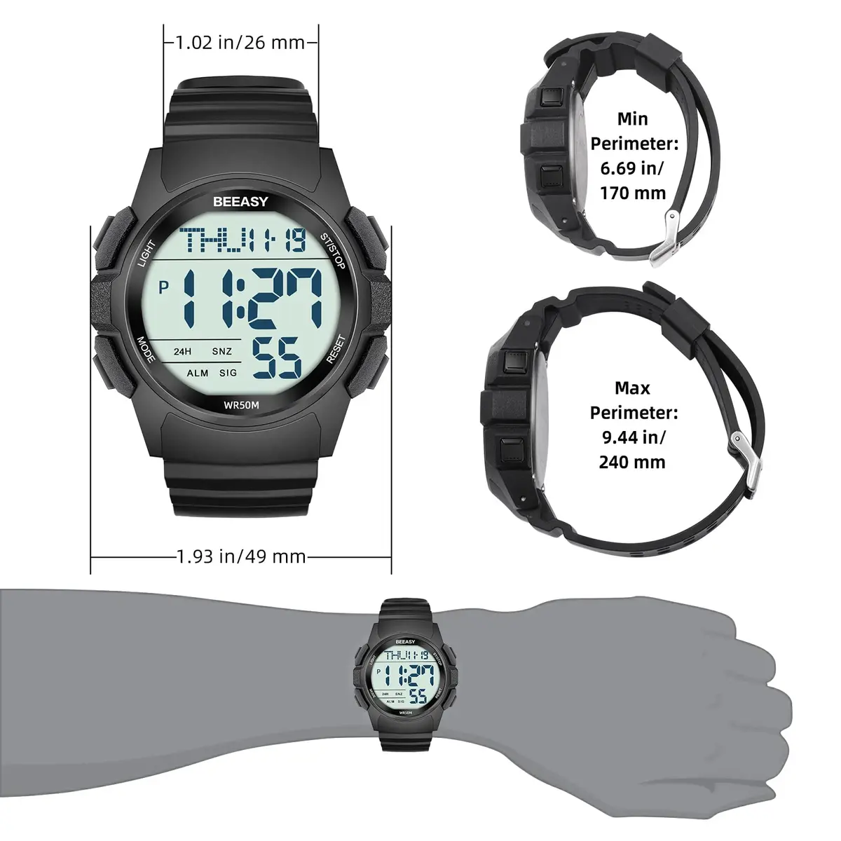 Beeasy Men's Digital Sports Watch 49mm Black | 50M Waterproof Stopwatch Countdown Timer Dual Time - view 7