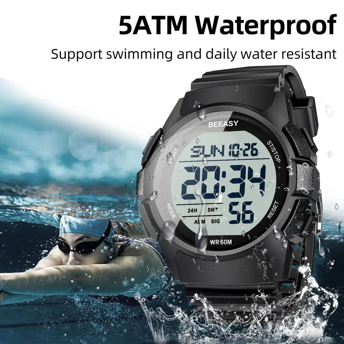 Beeasy Men's Digital Sports Watch 49mm Black | 50M Waterproof Stopwatch Countdown Timer Dual Time - view 2
