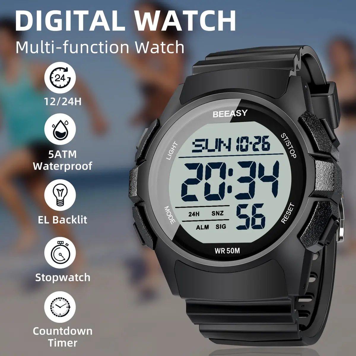 Beeasy Men's Digital Sports Watch 49mm Black | 50M Waterproof Stopwatch Countdown Timer Dual Time - view 3