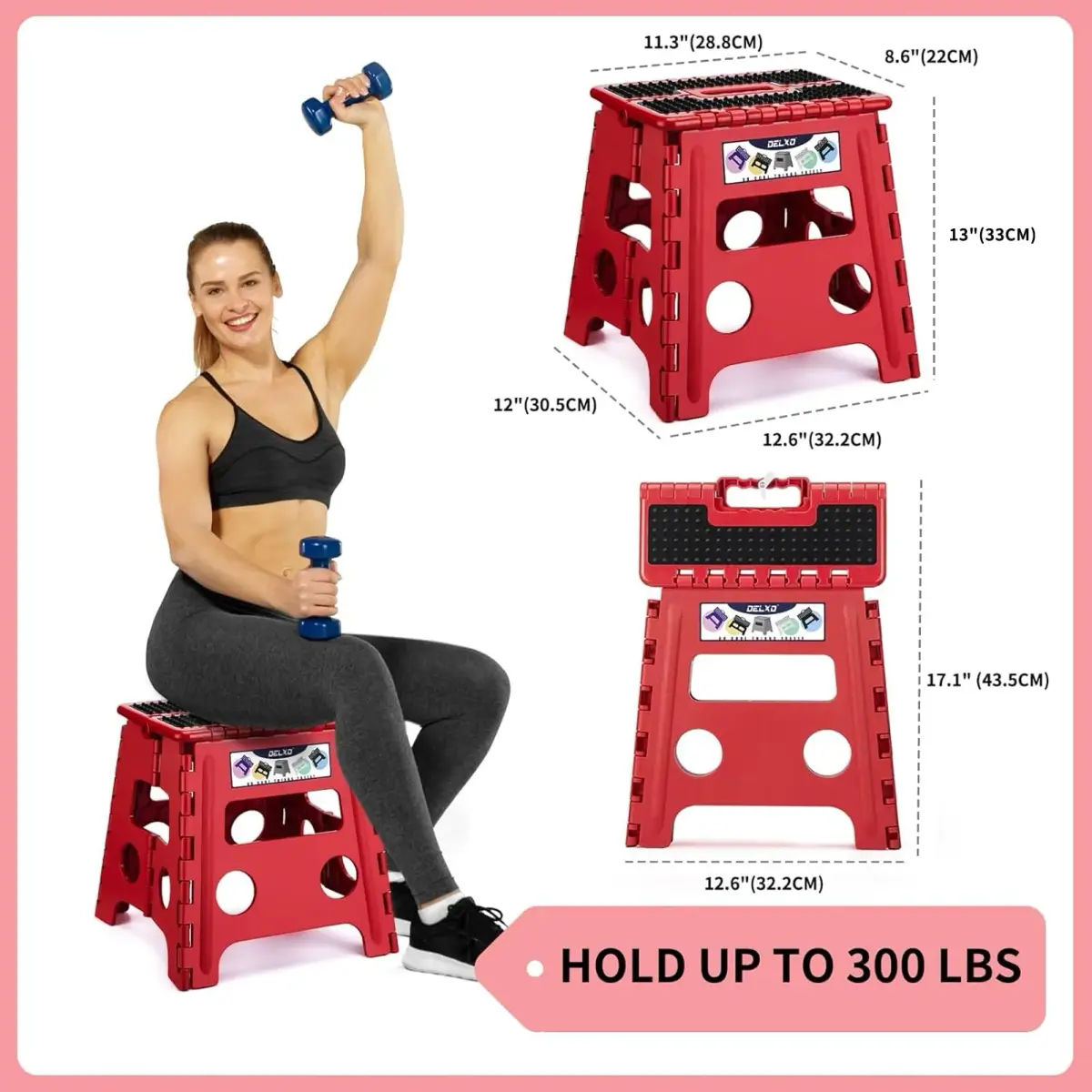Delxo Folding Step Stool 13 Inch (33 cm) | Heavy Duty 300 lbs (136 kg) Capacity, Red - view 2