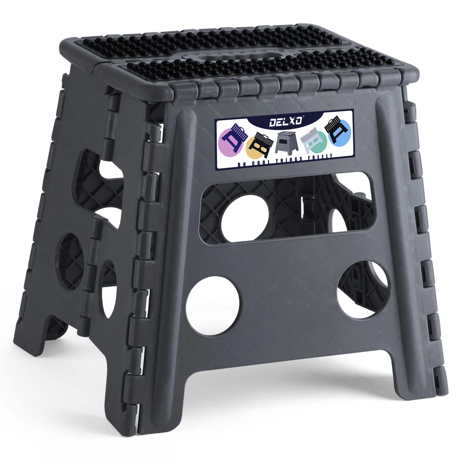 Delxo Folding Step Stool with Handle, 13 Inch Height, Grey Dotted Texture, 1-Pack | Sturdy & Space-Saving for Home - main product image
