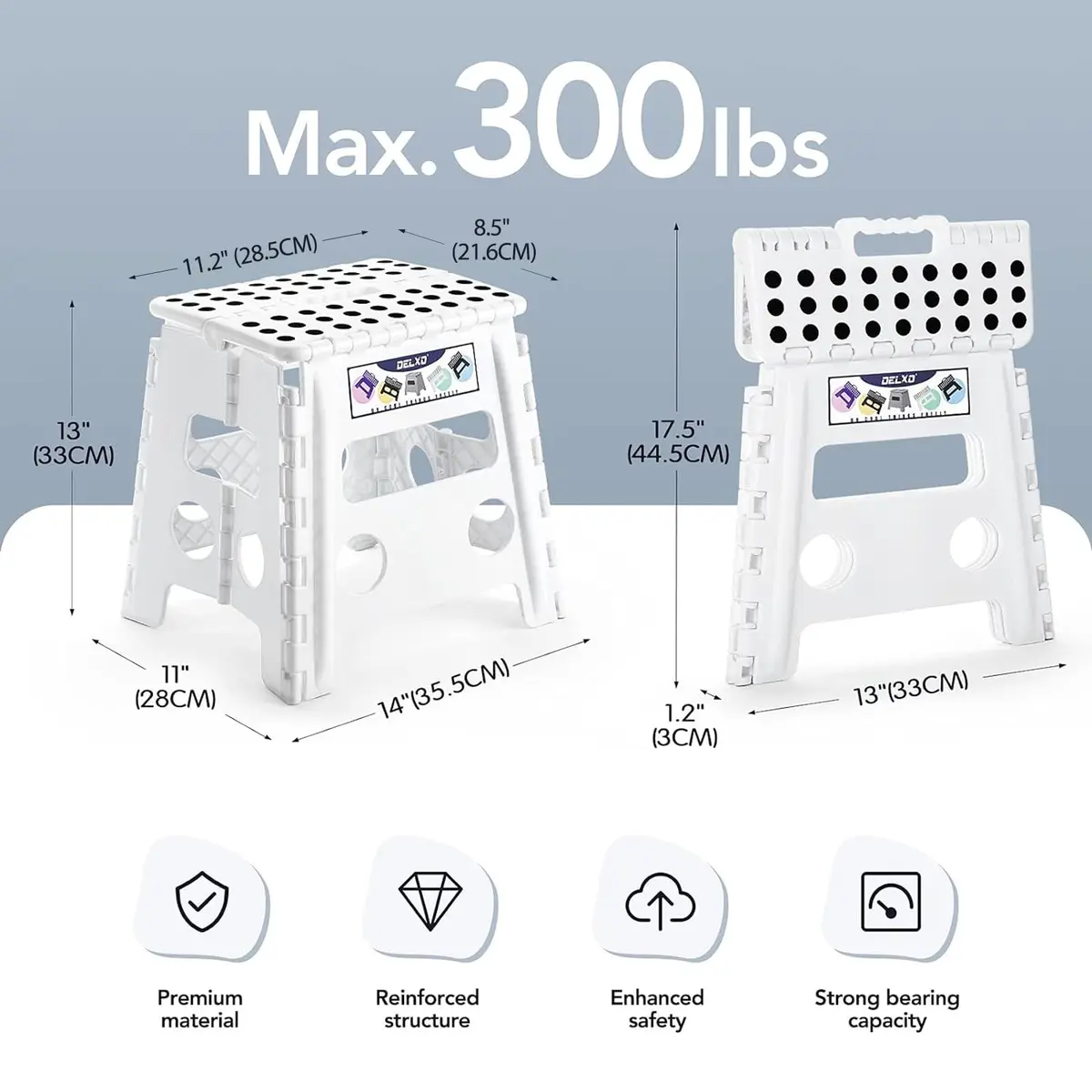 Delxo Folding Step Stool 13 Inch White | CPC Certified, 300 Lbs Capacity, Portable & Foldable - view 2