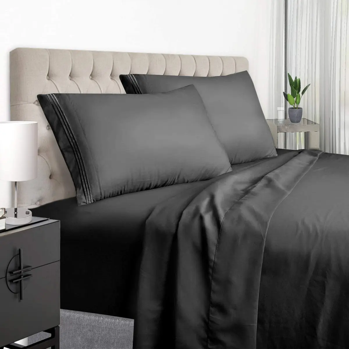 EaseHome Queen Size Bed Sheets Set - Extra Soft Microfiber, 18 inch Deep Pocket, Wrinkle & Fade Resistant, Hypoallergenic (Queen,Black) - main product image