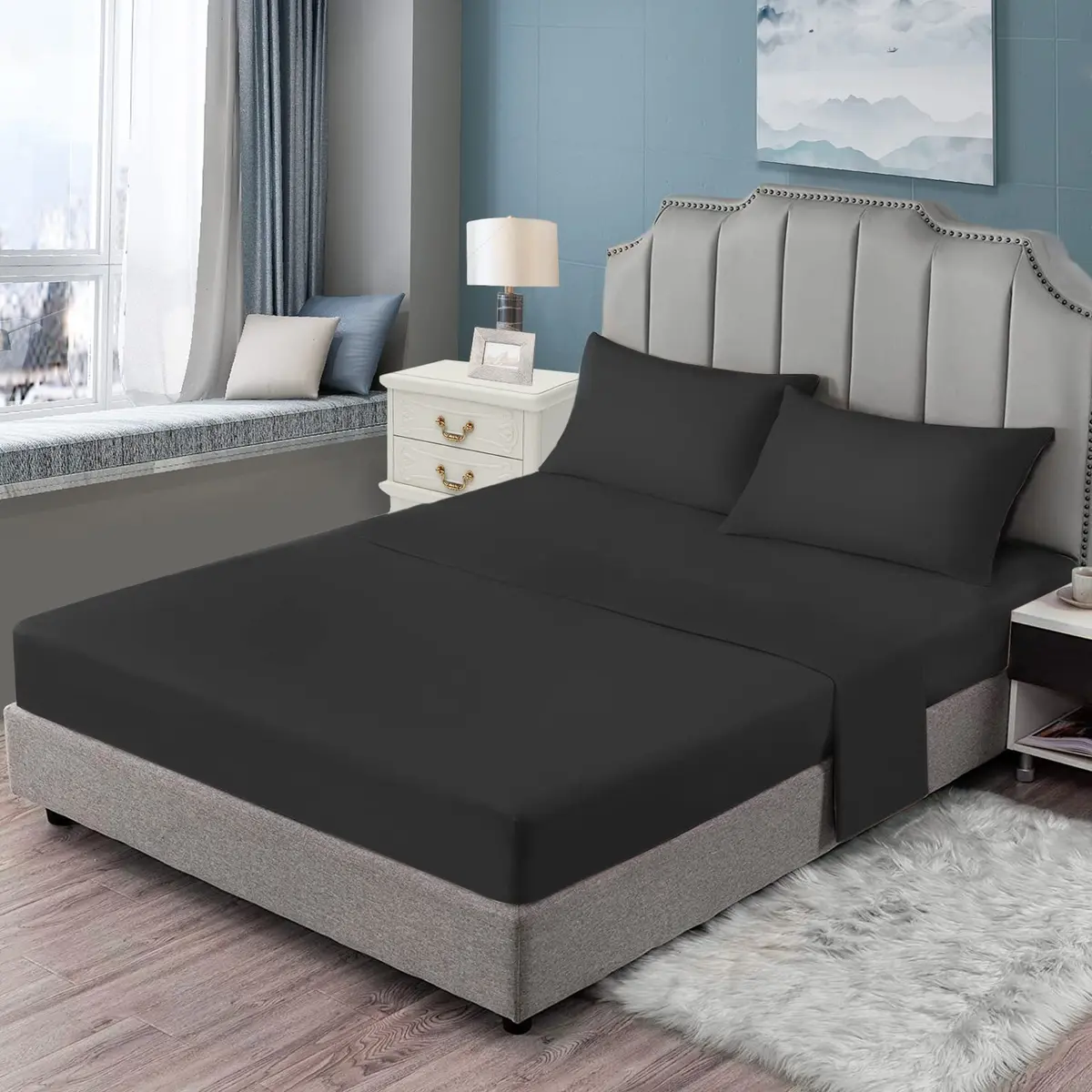EaseHome Queen Size Bed Sheets Set - Extra Soft Microfiber, 18 inch Deep Pocket, Wrinkle & Fade Resistant, Hypoallergenic (Queen,Black) - view 8