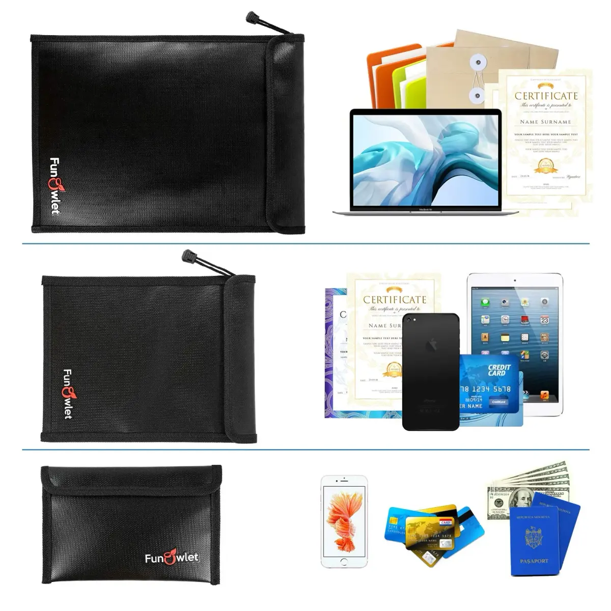 FunOwlet Fireproof Waterproof Document Bag 3-Pack | 34.0 cm (13.4 in) x 27.9 cm (11 in) Black - view 5