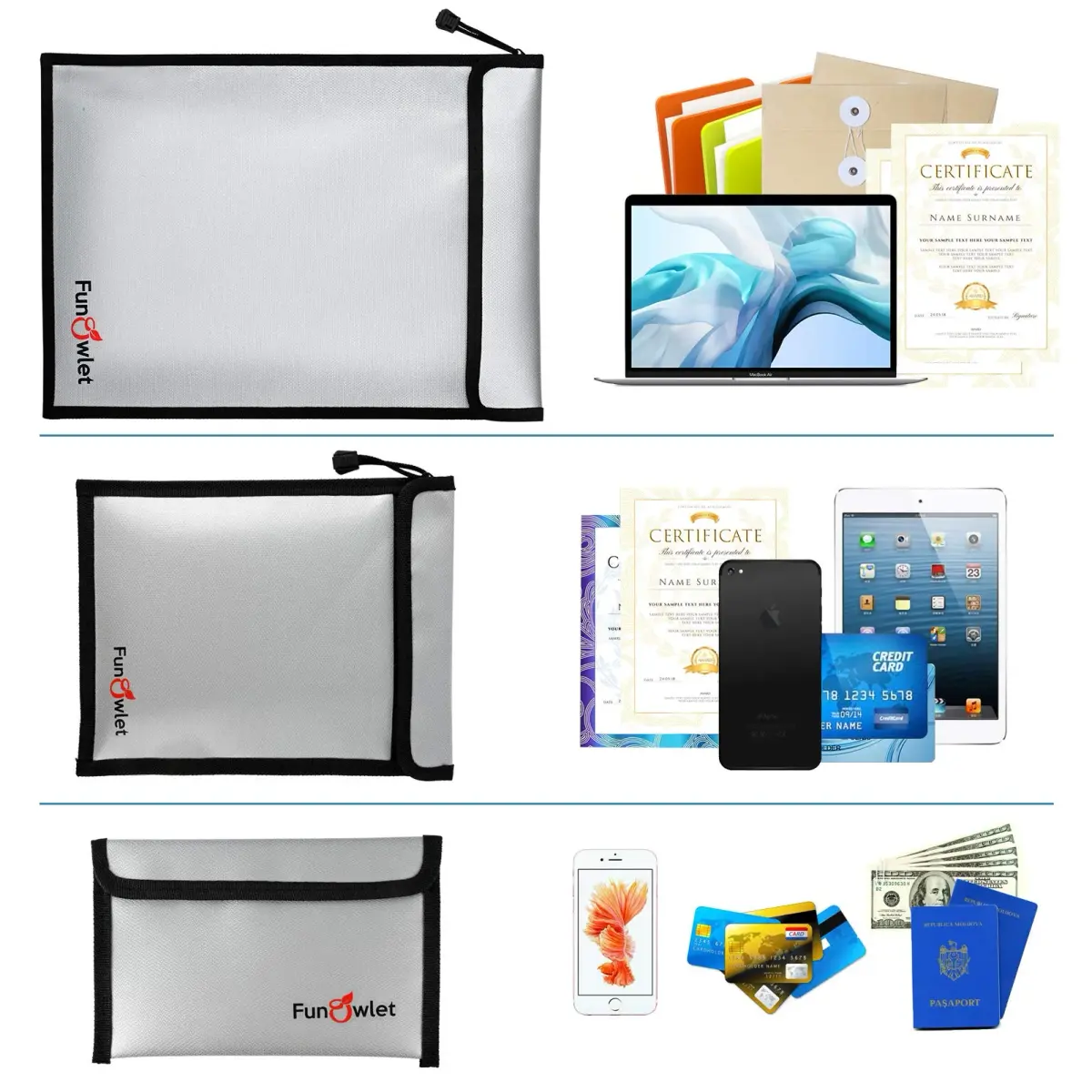 FunOwlet Fireproof Waterproof Document Bag 3-Pack | 360° Protection for A4/A5 Documents, Cash, Passports - view 5