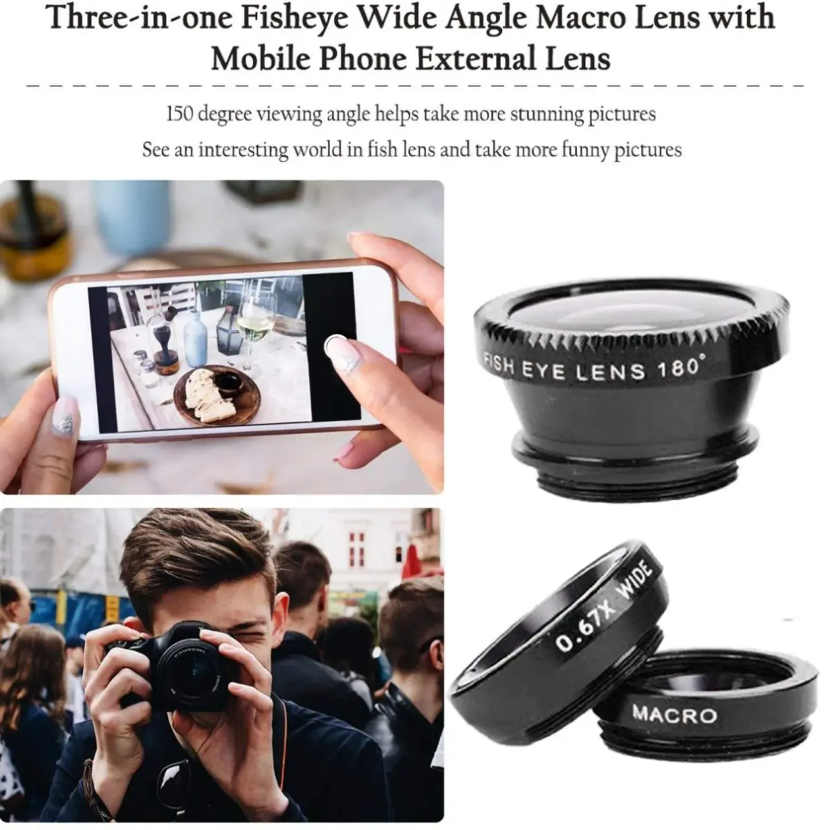 ANJIELO SMART 3-in-1 Universal Phone Camera Lens Kit with Fisheye, Wide Angle, Macro & Clip | 1.6cm (0.63 inch) Diameter - view 3
