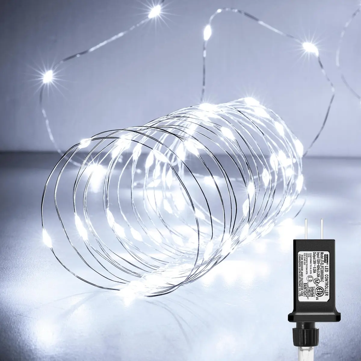 Minetom 99ft 300 LED Pure White Fairy Lights | Steady On, IP44 Waterproof Silver Wire - main product image