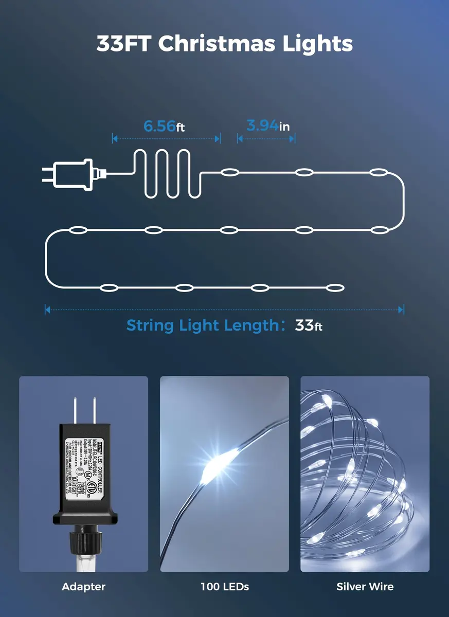 Minetom 99ft 300 LED Pure White Fairy Lights | Steady On, IP44 Waterproof Silver Wire - view 7