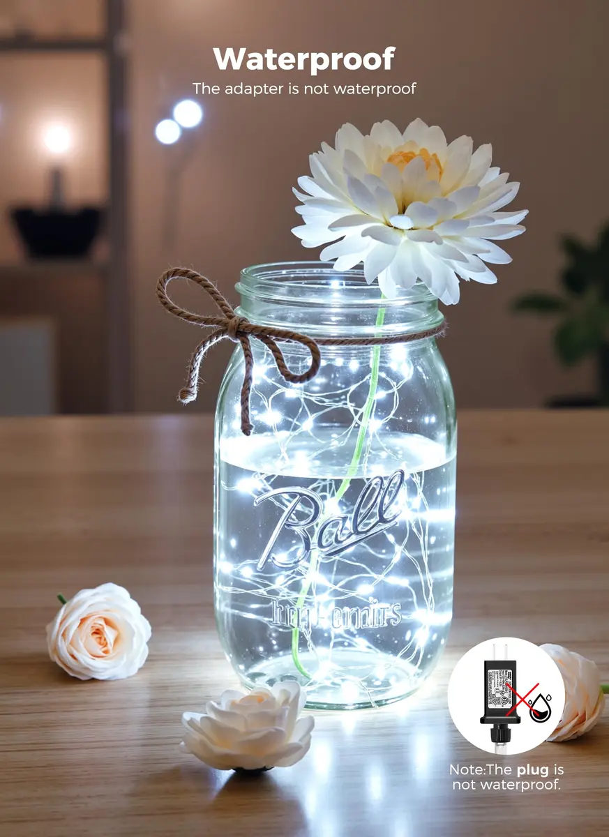 Minetom 99ft 300 LED Pure White Fairy Lights | Steady On, IP44 Waterproof Silver Wire - view 4