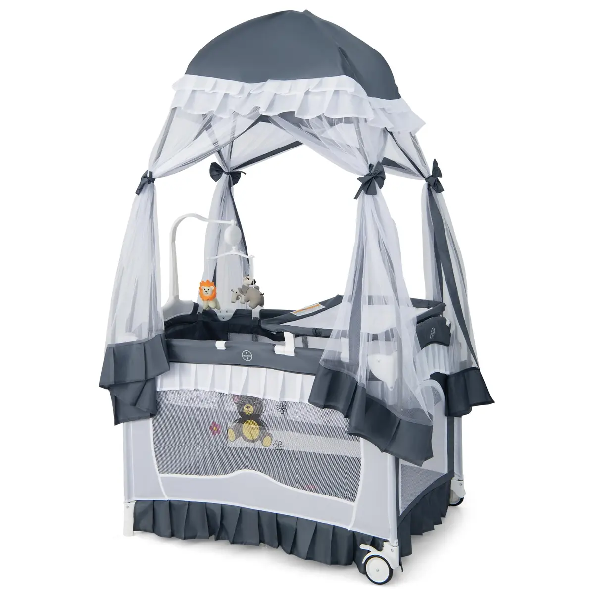 HONEY JOY 4-in-1 Pack and Play with Canopy, Portable Baby Playard w/Changing Table and Infant Bassinet, Foldable for Newborn & Toddler (Gray) | Multi-Function Baby Furniture - main product image