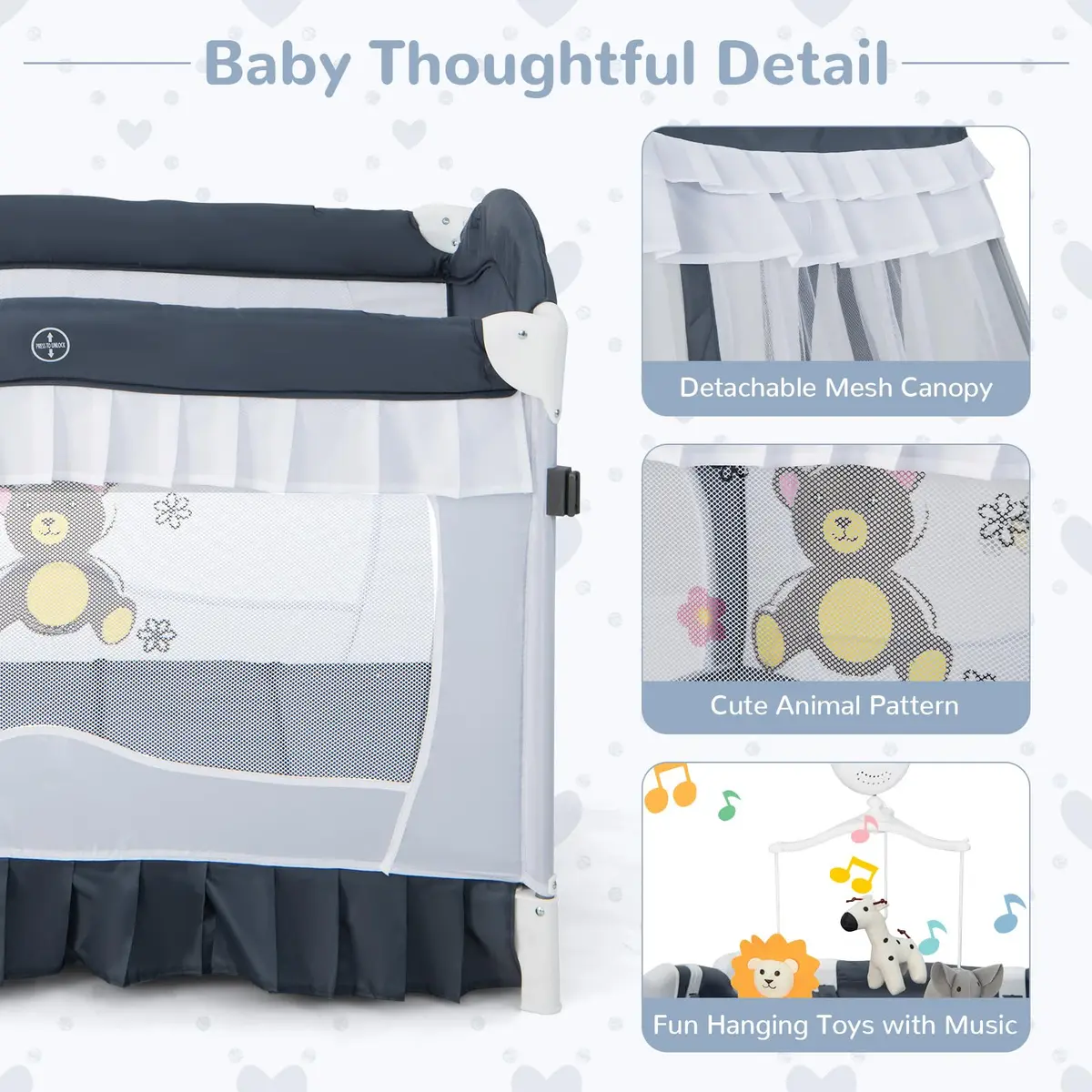 HONEY JOY 4-in-1 Pack and Play with Canopy, Portable Baby Playard w/Changing Table and Infant Bassinet, Foldable for Newborn & Toddler (Gray) | Multi-Function Baby Furniture - view 7