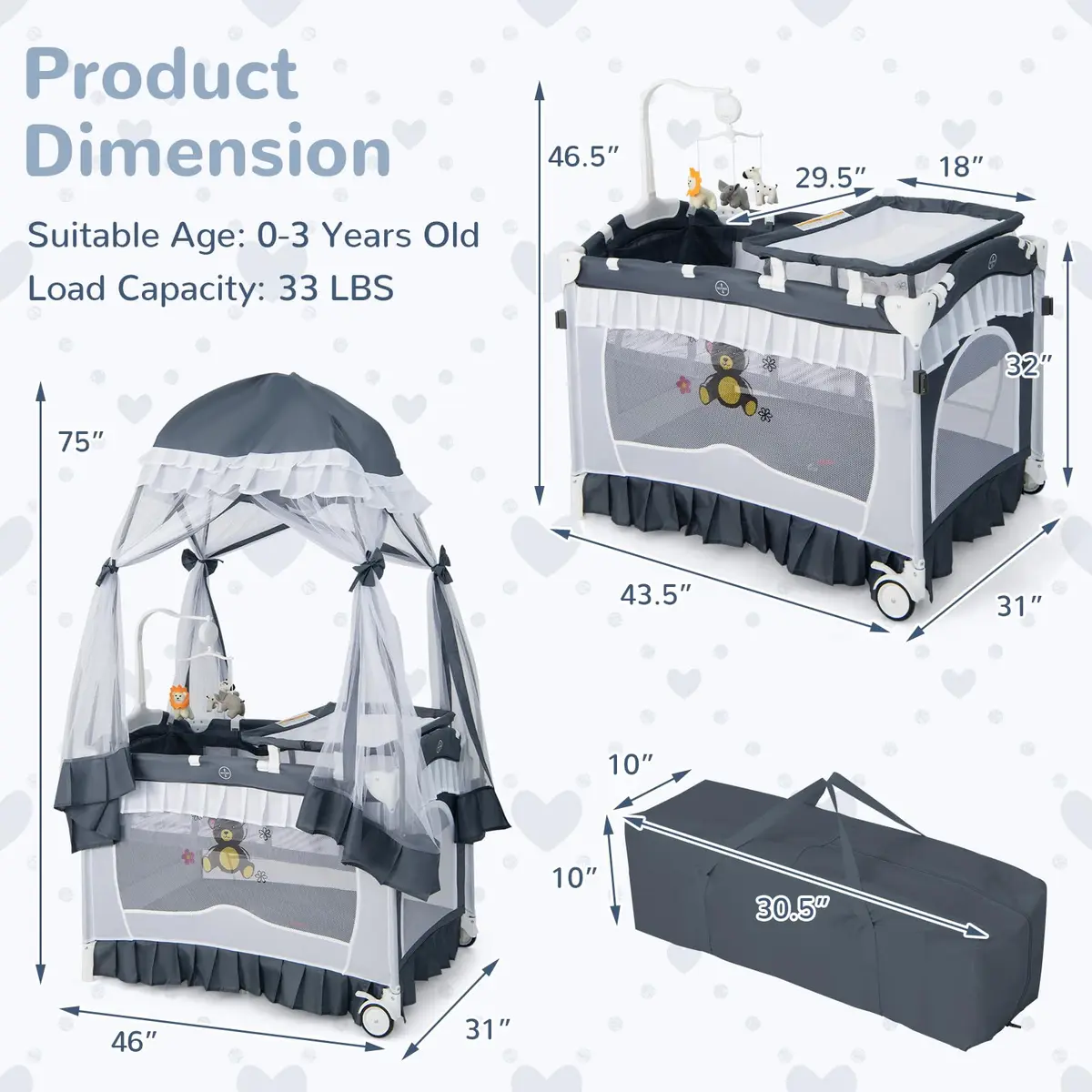 HONEY JOY 4-in-1 Pack and Play with Canopy, Portable Baby Playard w/Changing Table and Infant Bassinet, Foldable for Newborn & Toddler (Gray) | Multi-Function Baby Furniture - view 8