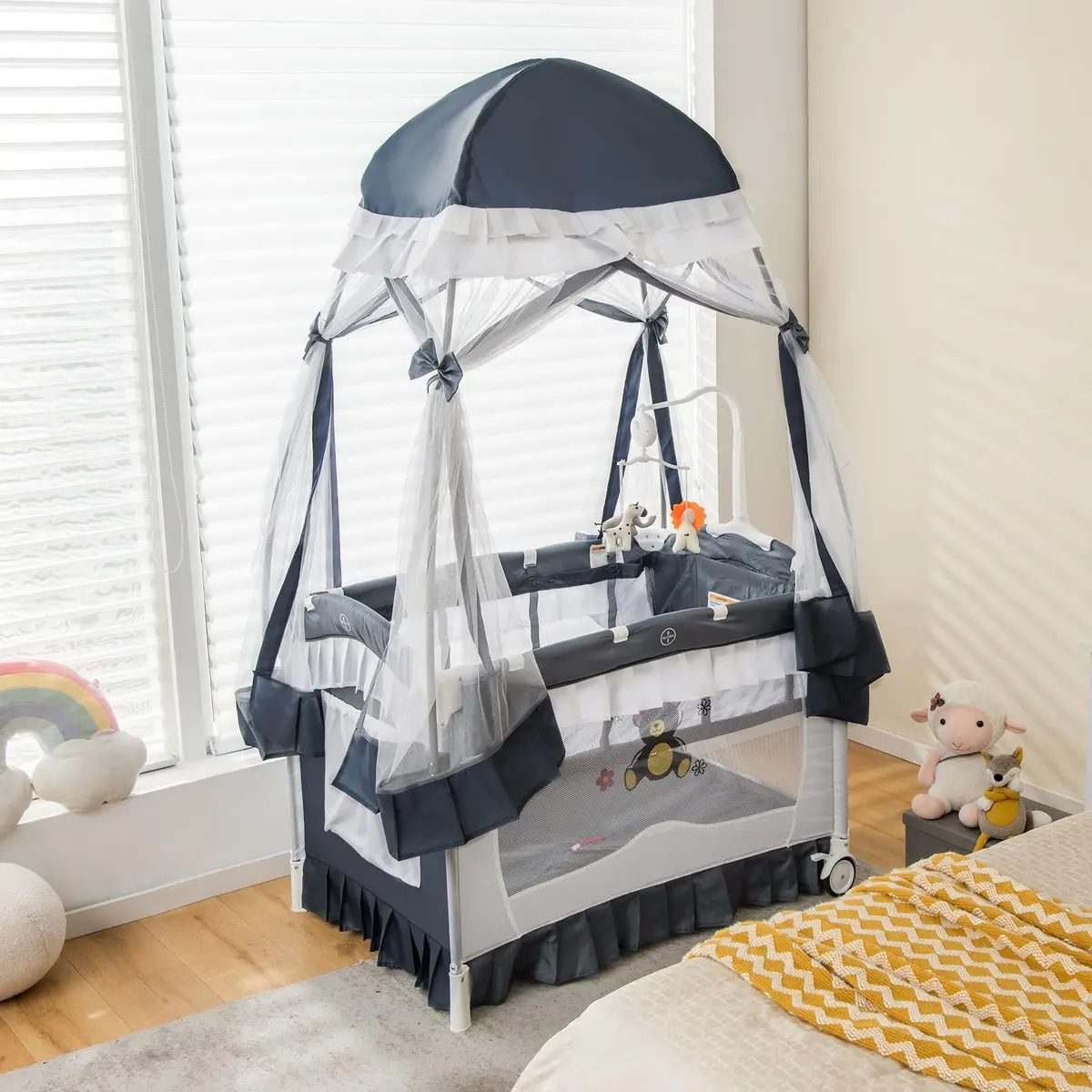 HONEY JOY 4-in-1 Pack and Play with Canopy, Portable Baby Playard w/Changing Table and Infant Bassinet, Foldable for Newborn & Toddler (Gray) | Multi-Function Baby Furniture - view 2
