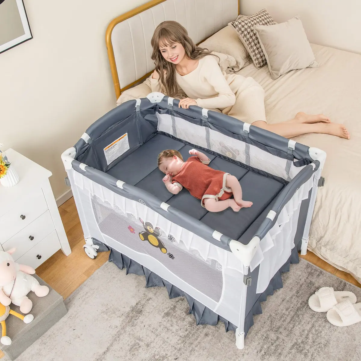 HONEY JOY 4-in-1 Pack and Play with Canopy, Portable Baby Playard w/Changing Table and Infant Bassinet, Foldable for Newborn & Toddler (Gray) | Multi-Function Baby Furniture - view 3