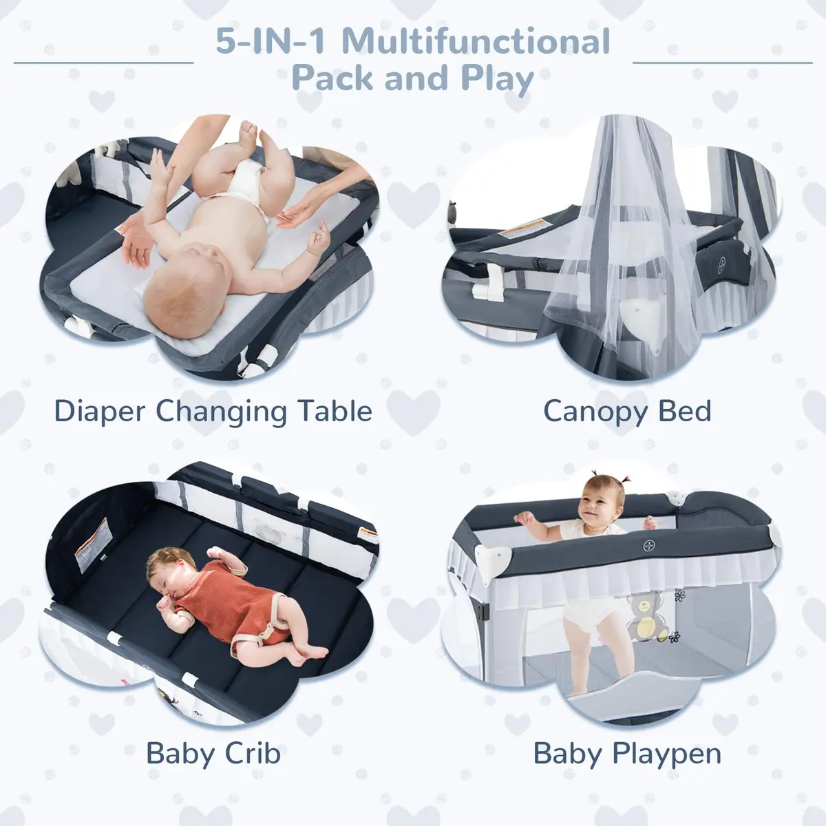 HONEY JOY 4-in-1 Pack and Play with Canopy, Portable Baby Playard w/Changing Table and Infant Bassinet, Foldable for Newborn & Toddler (Gray) | Multi-Function Baby Furniture - view 4