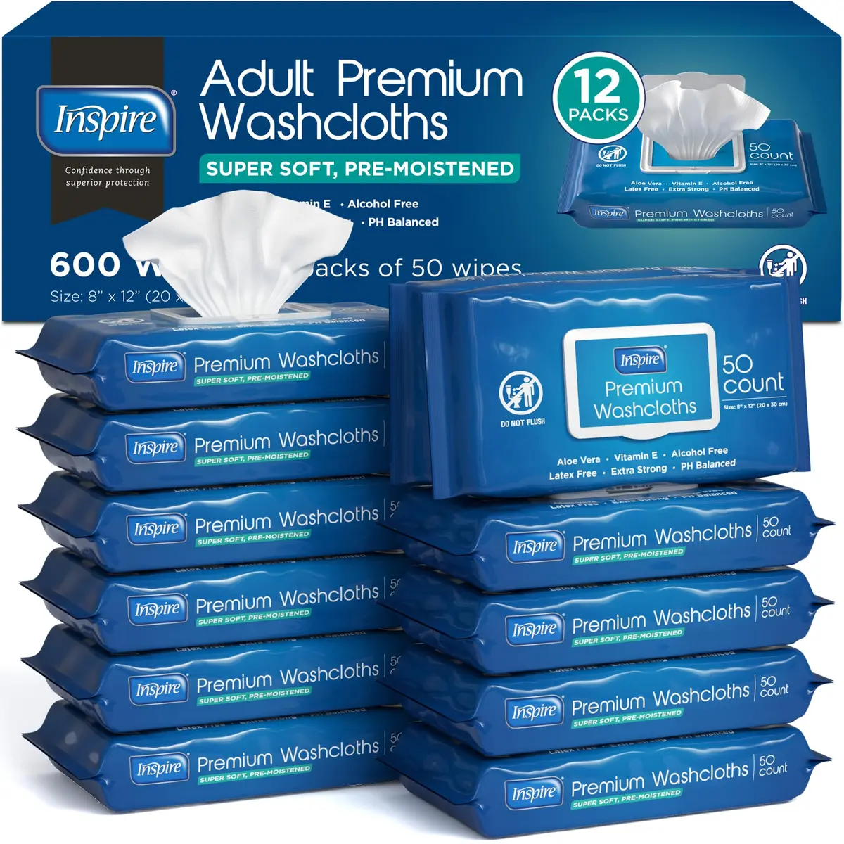 Inspire Adult Wet Wipes, Wash Cloths | Hypoallergenic, Aloe Vera, 600 Count, 8"x12" | For Incontinence & Cleansing - main product image