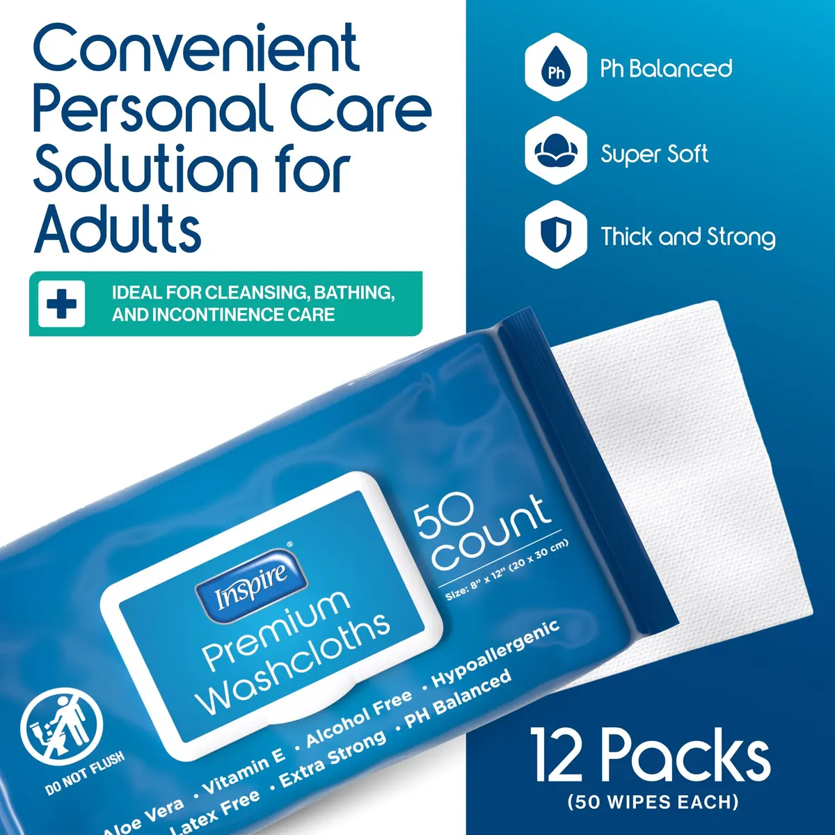 Inspire Adult Wet Wipes, Wash Cloths | Hypoallergenic, Aloe Vera, 600 Count, 8"x12" | For Incontinence & Cleansing - view 8