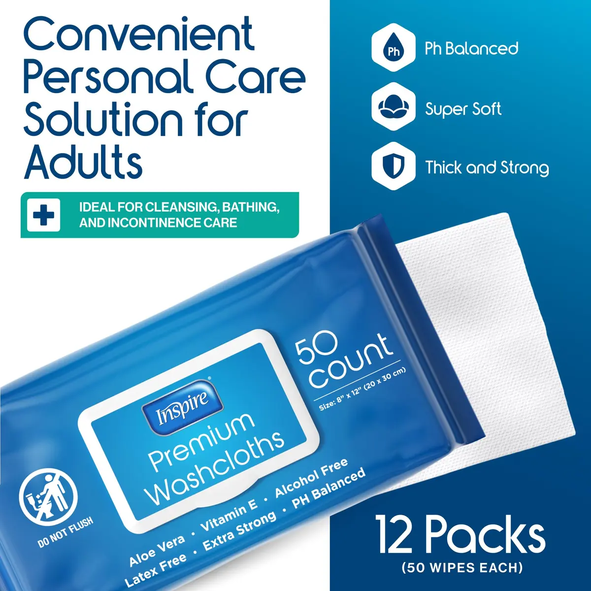 Inspire Adult Wet Wipes, Wash Cloths | Hypoallergenic, Aloe Vera, 600 Count, 8"x12" | For Incontinence & Cleansing - view 2
