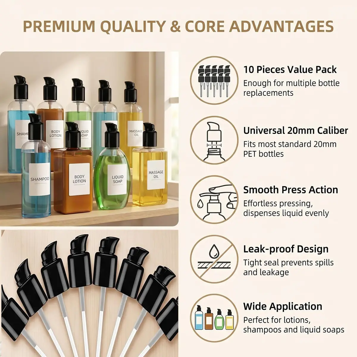 XUMIN Black Plastic Replacement Pump Top Head with Rotate Lock for 20mm PET Bottles (10-Pack) - view 3