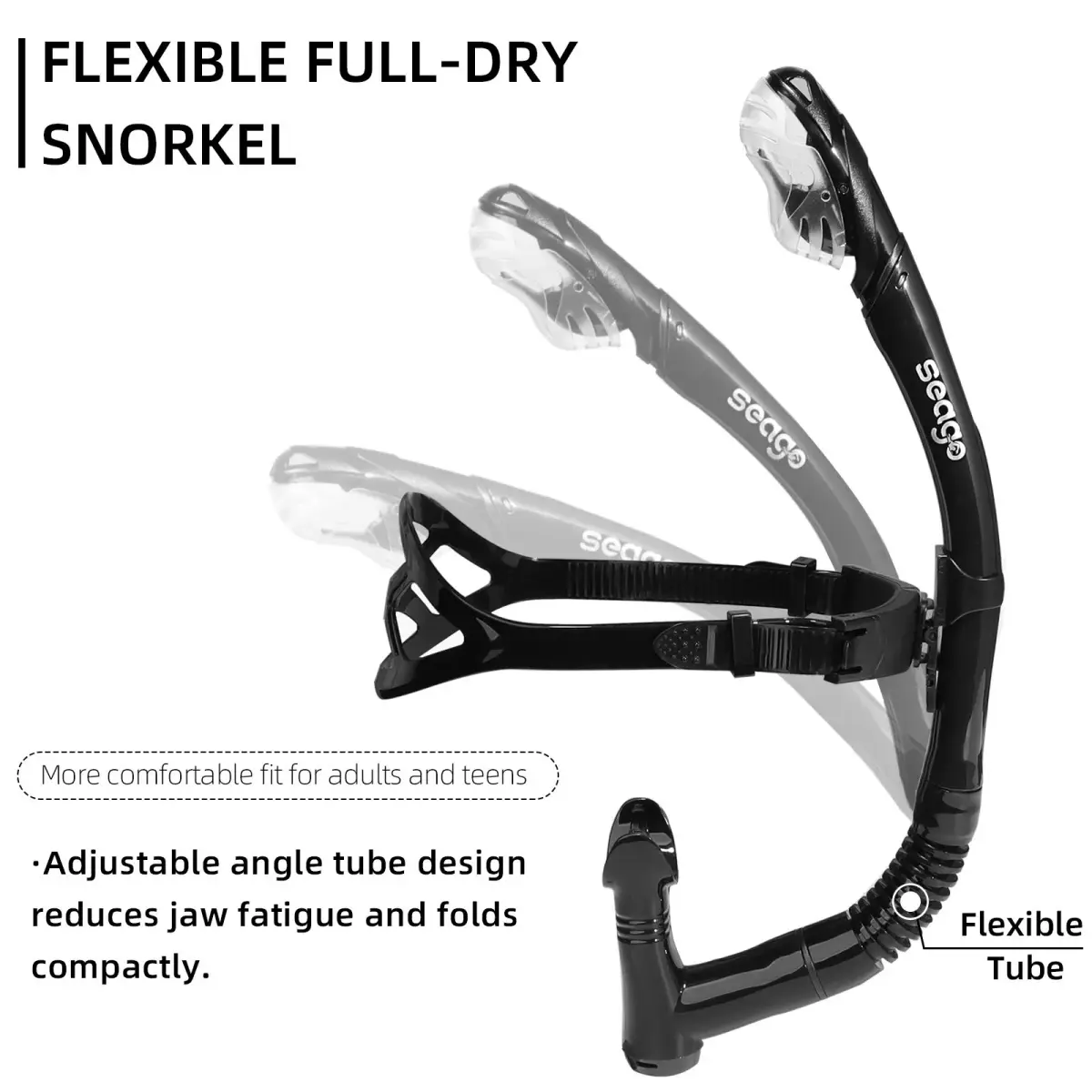 Seago Dry Top Swim Training Snorkel - Black | Front Mount for Lap Swimming & Open Water - view 5
