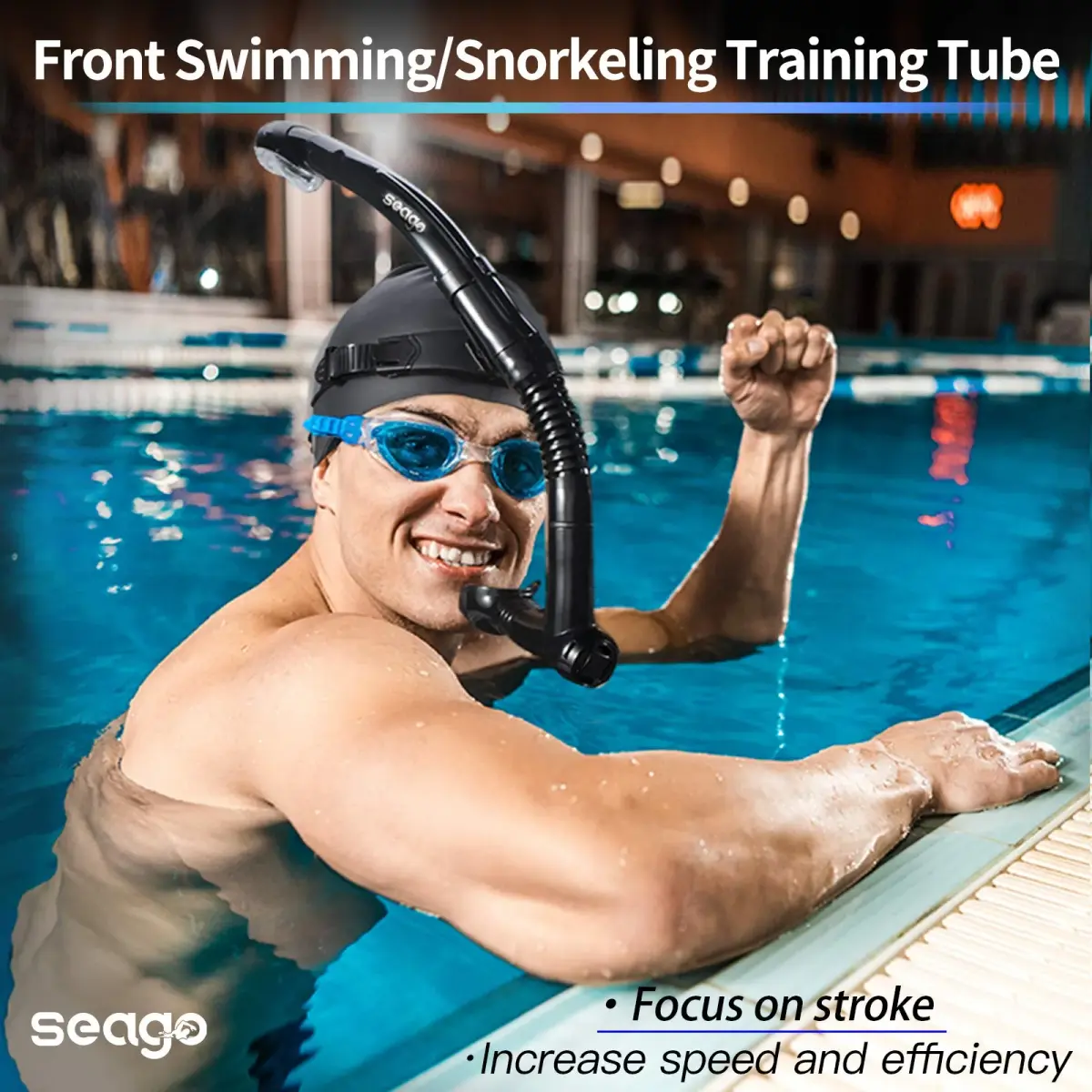 Seago Dry Top Swim Training Snorkel - Black | Front Mount for Lap Swimming & Open Water - view 2
