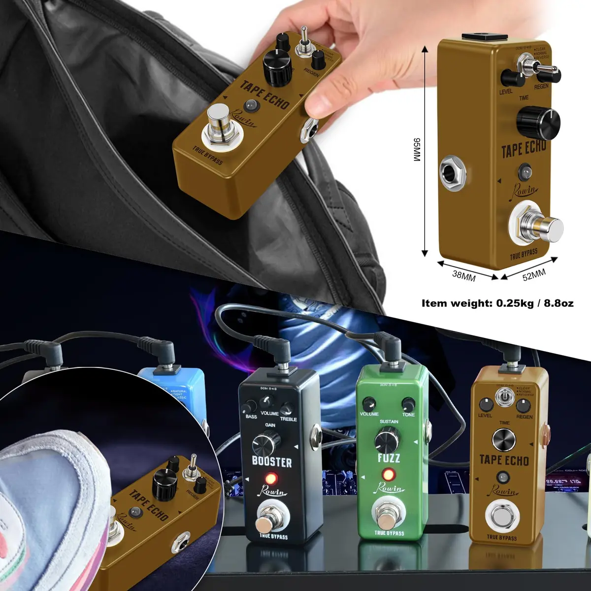 Rowin LEF-3809 Tape Echo Delay Digital Guitar Effect Pedal with 3 Tones, 9V DC - view 6