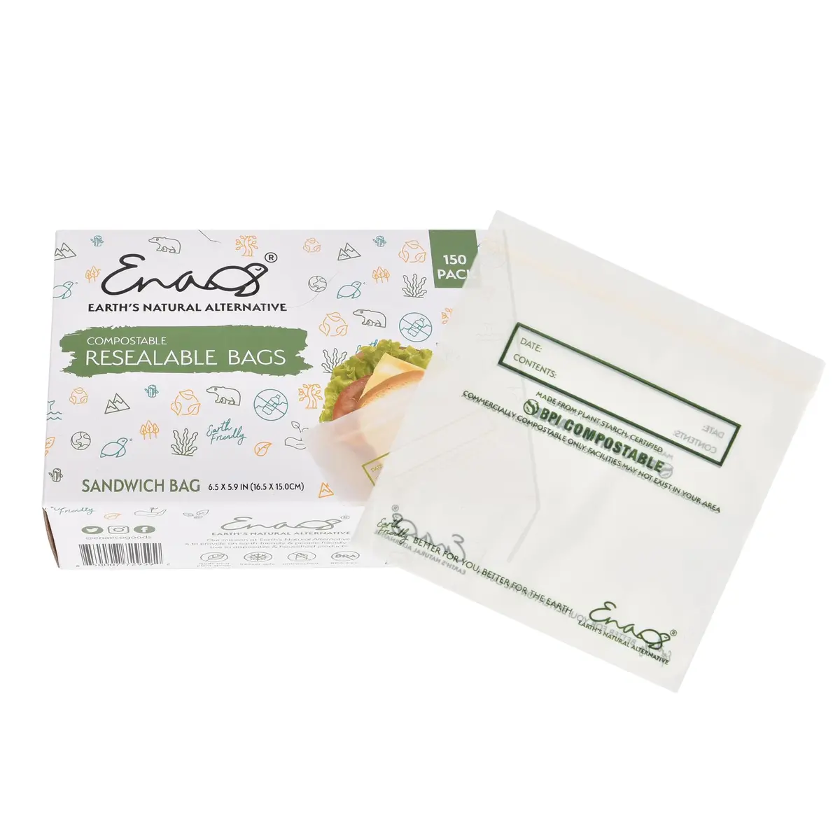 Earth's Natural Alternative Compostable Food Storage Bags Sandwich Size 150 Pack | Plant-Based & BPI Certified - main product image