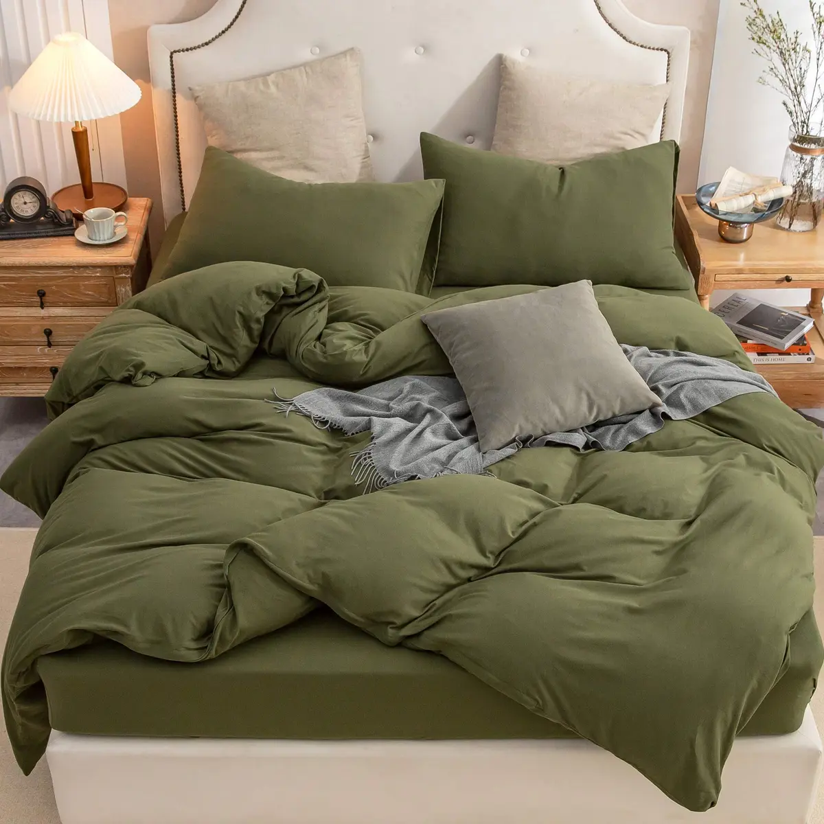 PURE ERA Jersey Knit Duvet Cover Set Solid Olive Green King | Ultra Soft Cotton, All Seasons - main product image