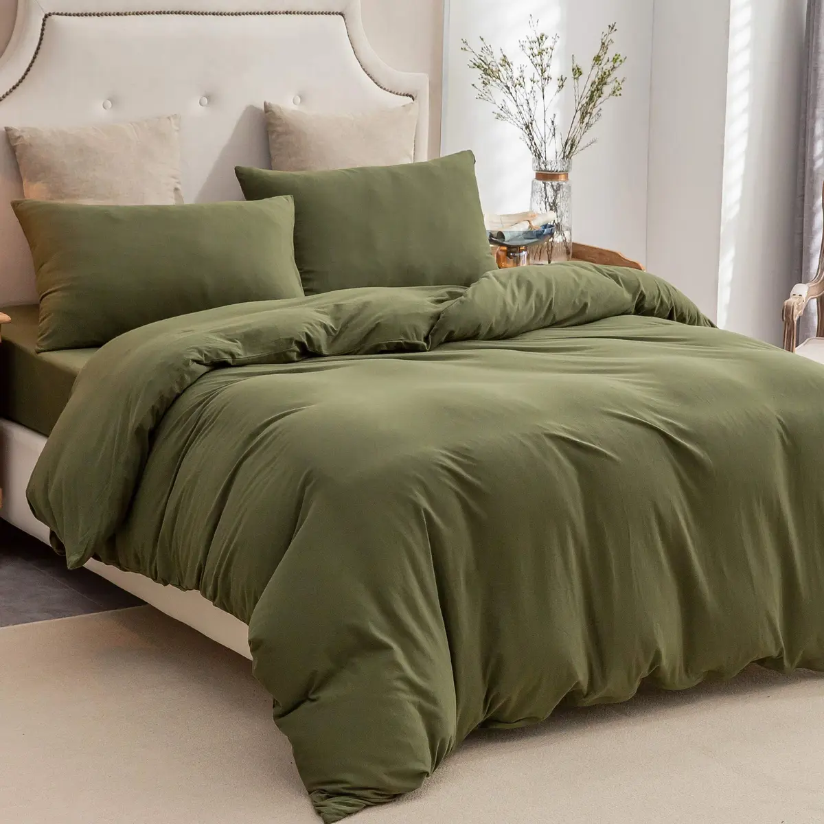 PURE ERA Jersey Knit Duvet Cover Set Solid Olive Green King | Ultra Soft Cotton, All Seasons - view 5