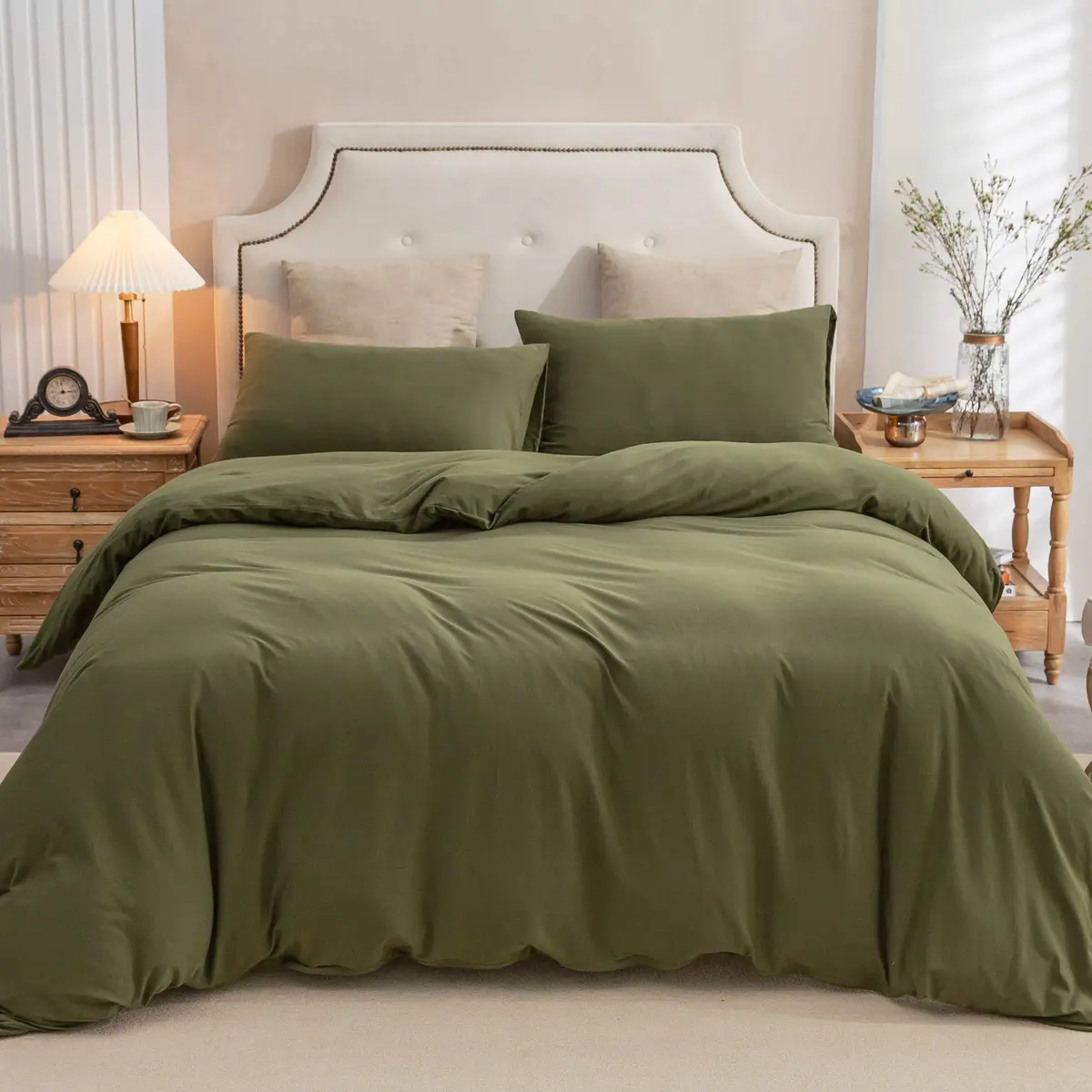 PURE ERA Jersey Knit Duvet Cover Set Solid Olive Green King | Ultra Soft Cotton, All Seasons - view 6