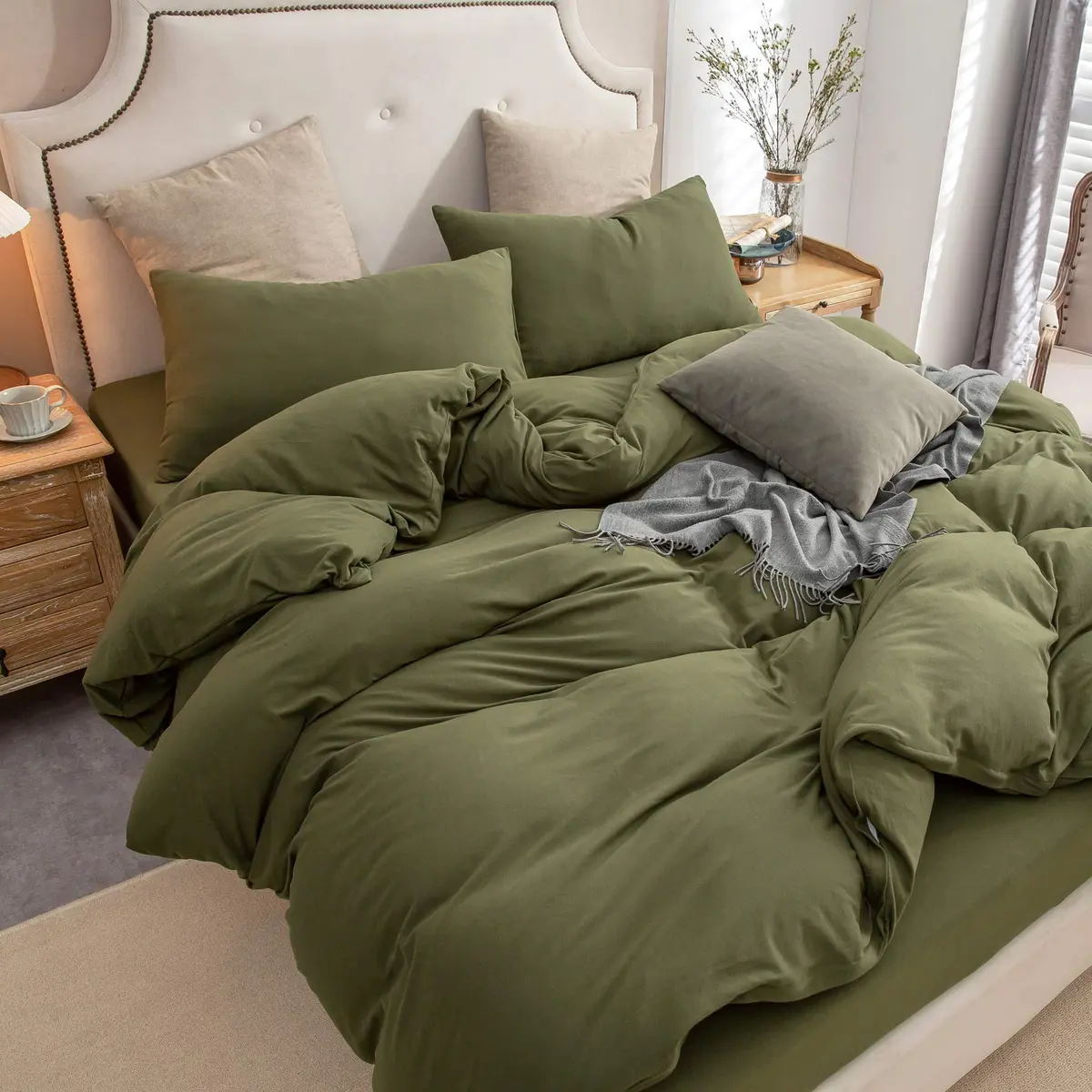 PURE ERA Jersey Knit Duvet Cover Set Solid Olive Green King | Ultra Soft Cotton, All Seasons - view 2