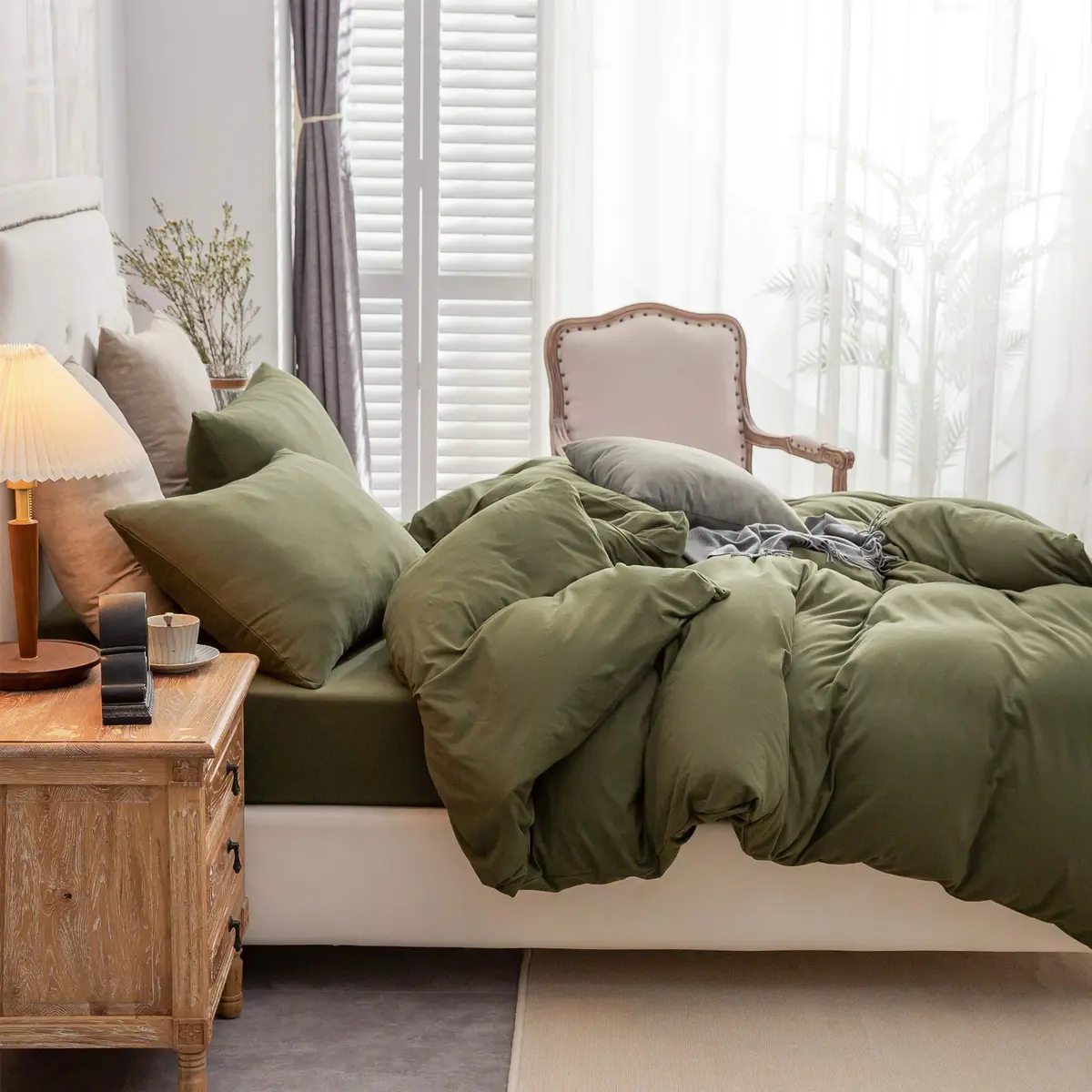 PURE ERA Jersey Knit Duvet Cover Set Solid Olive Green King | Ultra Soft Cotton, All Seasons - view 3
