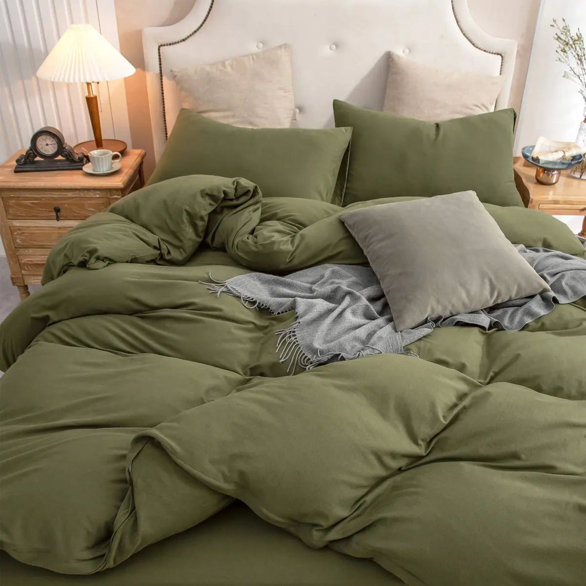 PURE ERA Jersey Knit Duvet Cover Set Solid Olive Green King | Ultra Soft Cotton, All Seasons - view 4
