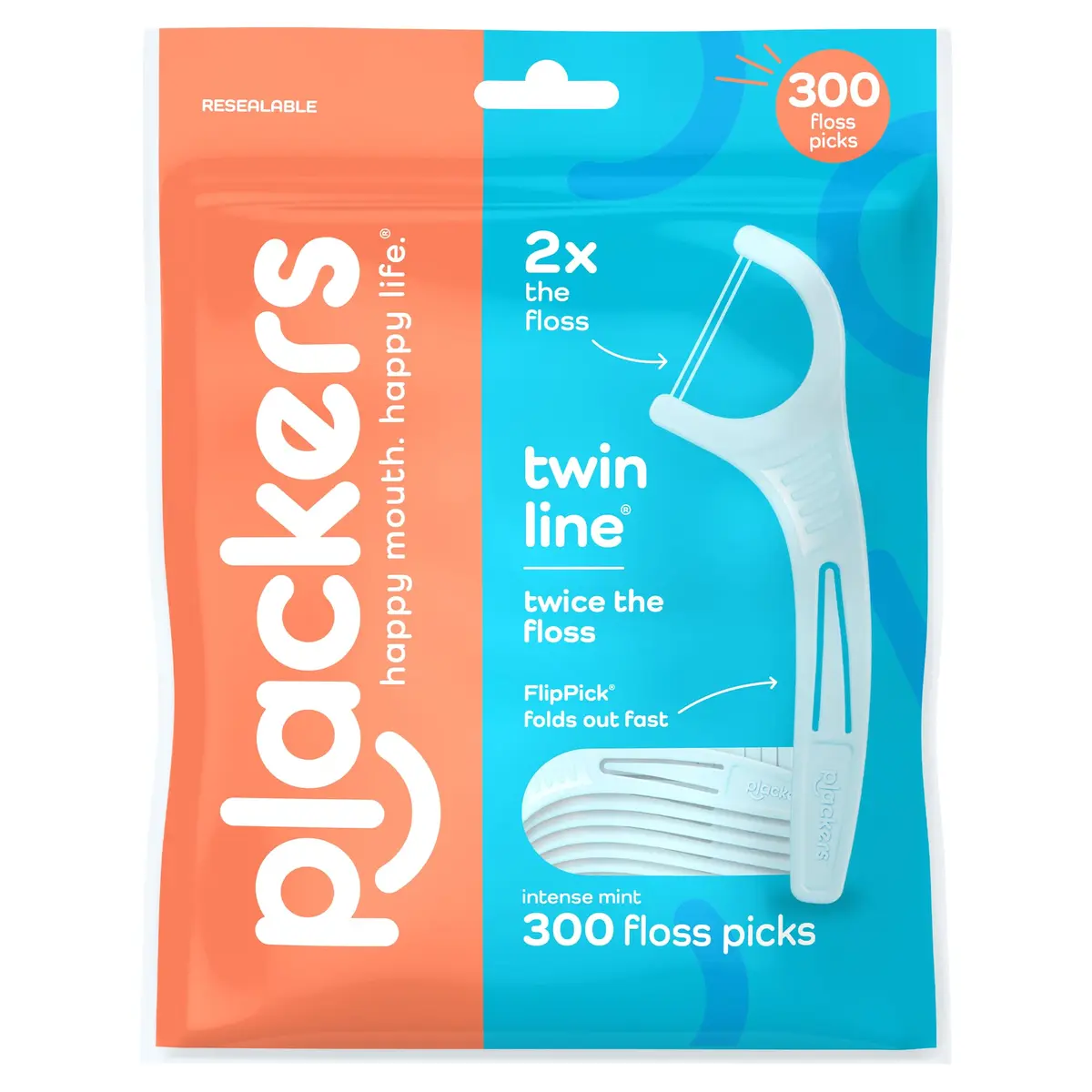 Plackers Twin Line Floss Picks, Intense Mint, 300 Count | Double Floss Surface, PTFE-Free, FlipPick & QuickFix Grip for Fresh Breath - main product image