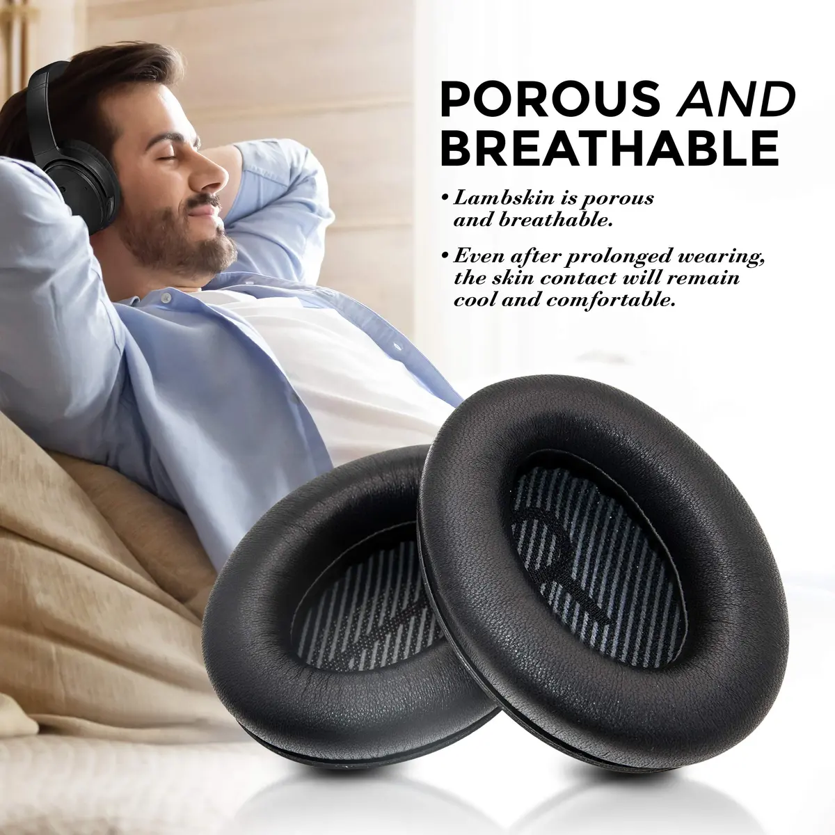 Laifzen Black Lambskin Leather Earpads for Bose QC45 SE QC35 II QC25 QC15 AE2 SoundLink SoundTrue Headphones (1 Pair, 10.16 cm x 7.62 cm x 2.54 cm) - view 6