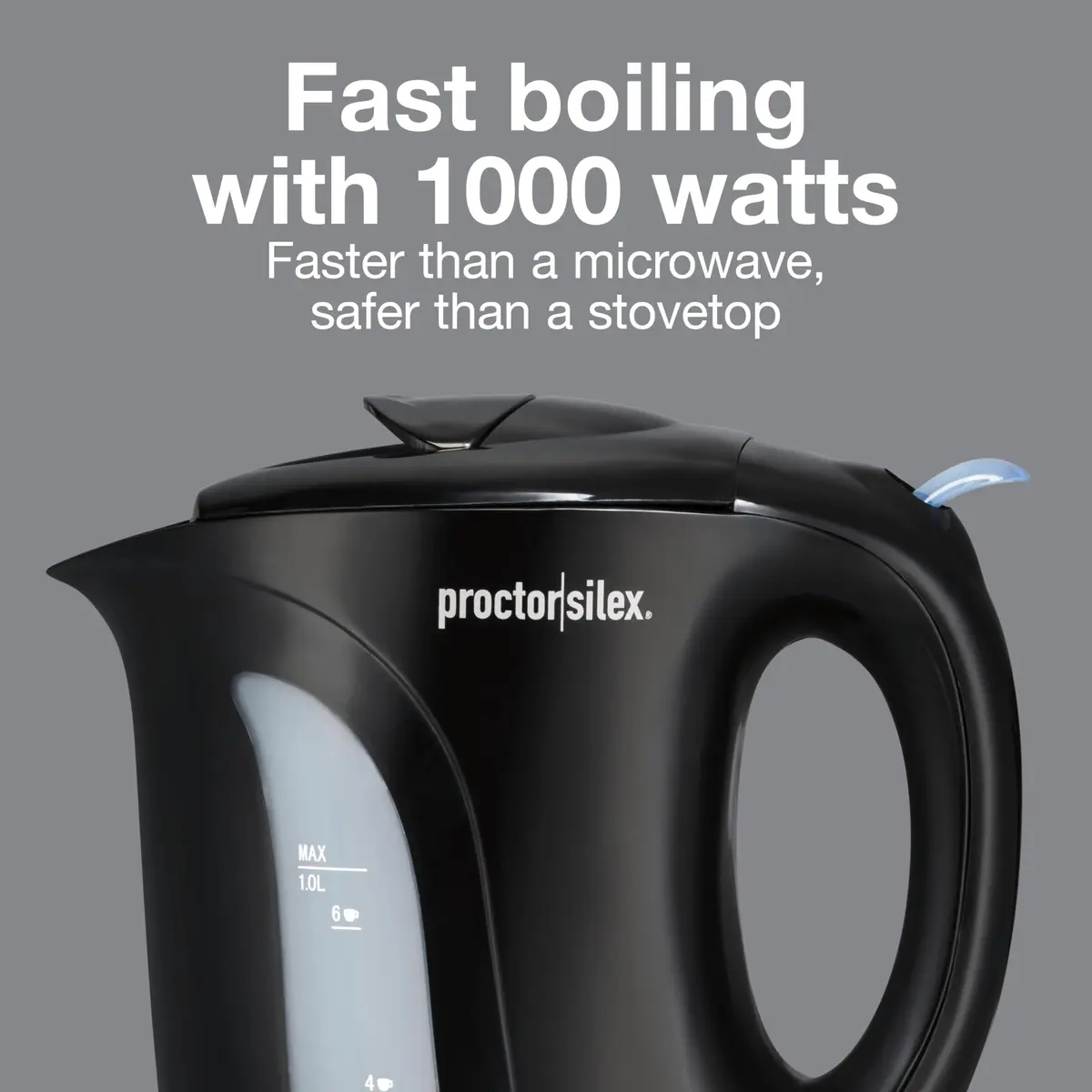 Proctor Silex 1 Liter Electric Tea Kettle Water Boiler & Heater | Fast Boiling 1000W, Detachable Cord, Auto Shutoff, Boil-Dry Protection, Black - view 6