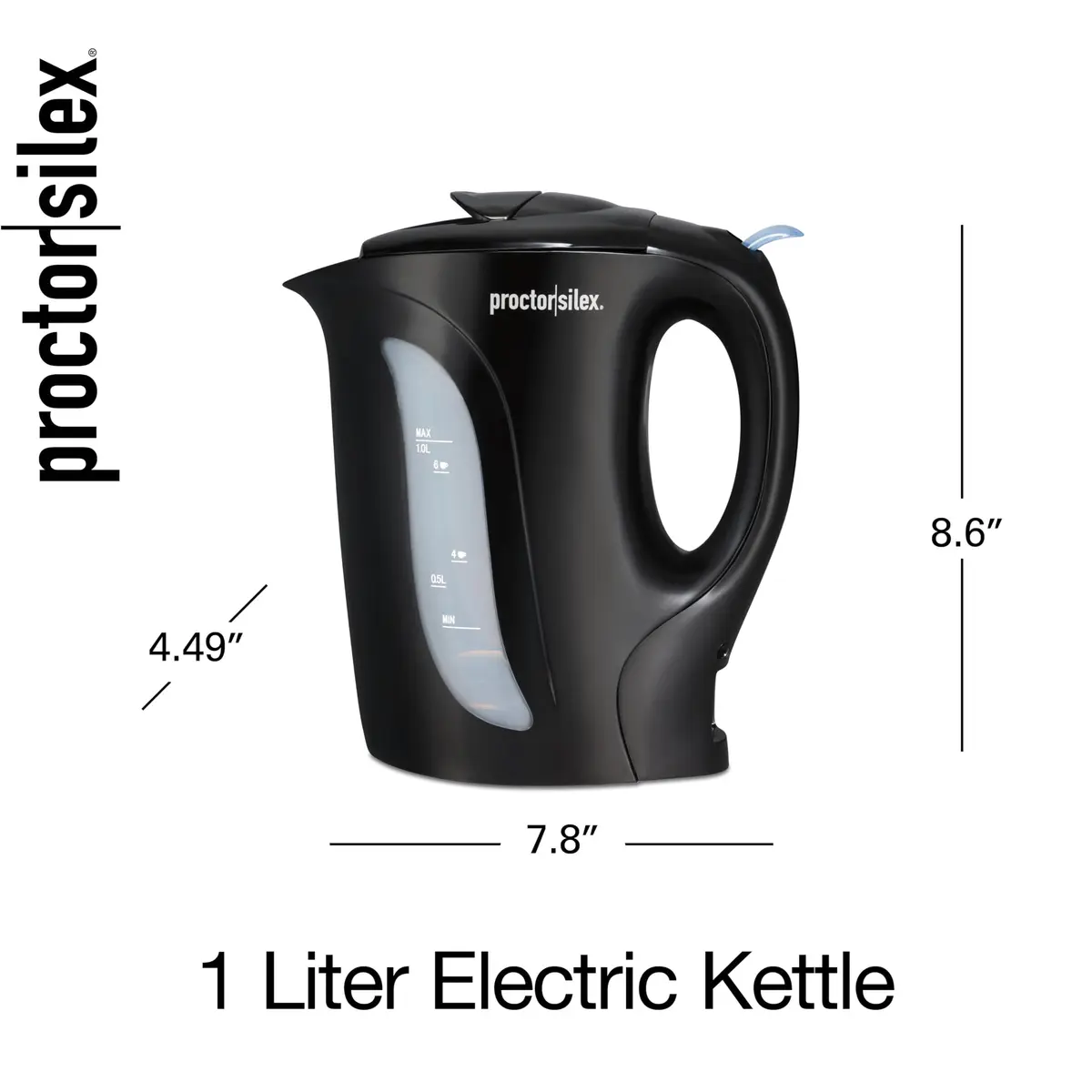 Proctor Silex 1 Liter Electric Tea Kettle Water Boiler & Heater | Fast Boiling 1000W, Detachable Cord, Auto Shutoff, Boil-Dry Protection, Black - view 7