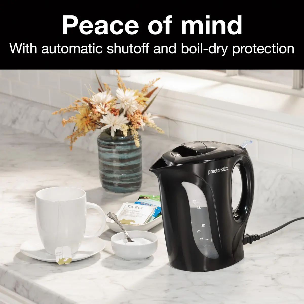 Proctor Silex 1 Liter Electric Tea Kettle Water Boiler & Heater | Fast Boiling 1000W, Detachable Cord, Auto Shutoff, Boil-Dry Protection, Black - view 3