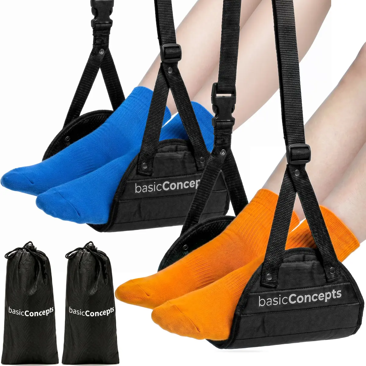 BASIC CONCEPTS Airplane Adjustable Foot Hammock (2 Pack, Black) | Memory Foam Travel Footrest for Office & Flights - main product image