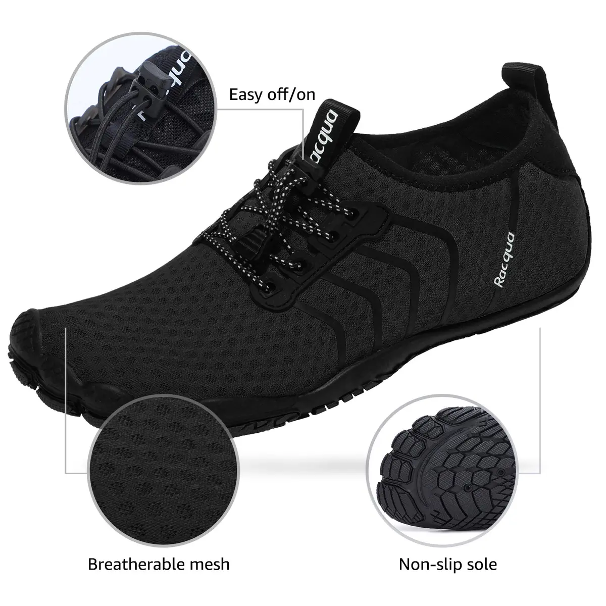 Racqua Water Shoes Quick Dry Barefoot Beach Aqua Sport Swim Surf Pool Hiking Diving Walking for Men Women Black 12 W/11 M | Ultra-light, flexible, quick-dry - view 3