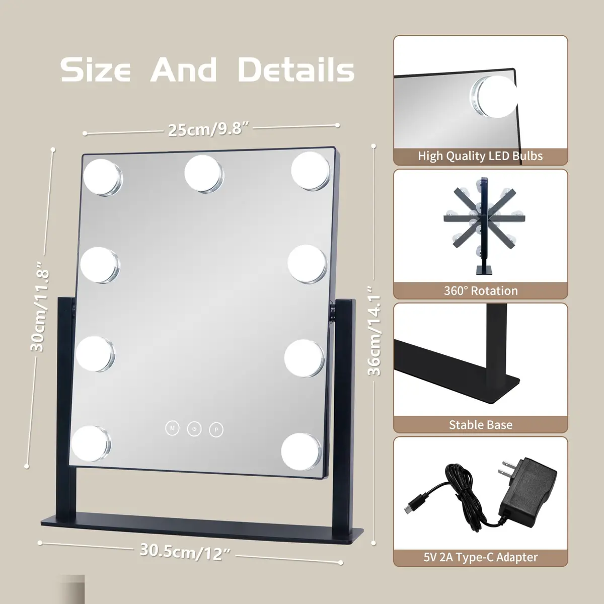 NUSVAN Makeup Vanity Mirror with Lights, 9 Dimmable LED Bulbs, 3 Color Modes, 10X Magnification, Touch Control, 360° Rotation | Elegant Bedroom Essential - view 4