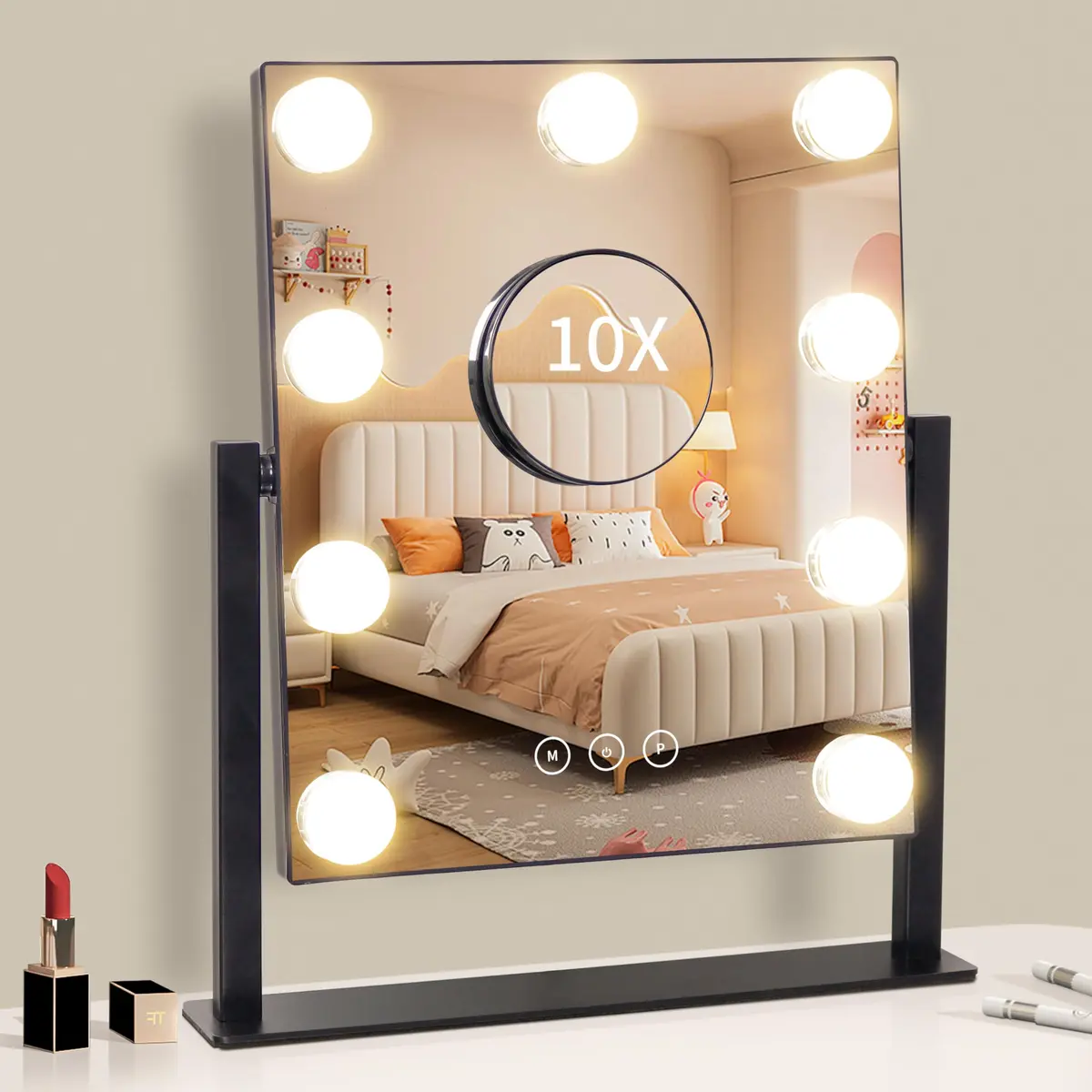 NUSVAN Makeup Vanity Mirror with Lights, 9 Dimmable LED Bulbs, 3 Color Modes, 10X Magnification, Touch Control, 360° Rotation | Elegant Bedroom Essential - view 6