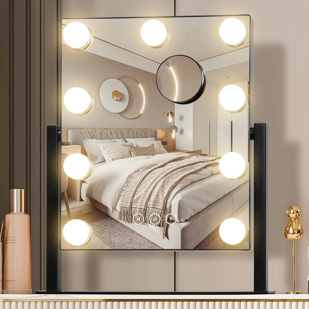 NUSVAN Makeup Vanity Mirror with Lights, 9 Dimmable LED Bulbs, 3 Color Modes, 10X Magnification, Touch Control, 360° Rotation | Elegant Bedroom Essential - main product image