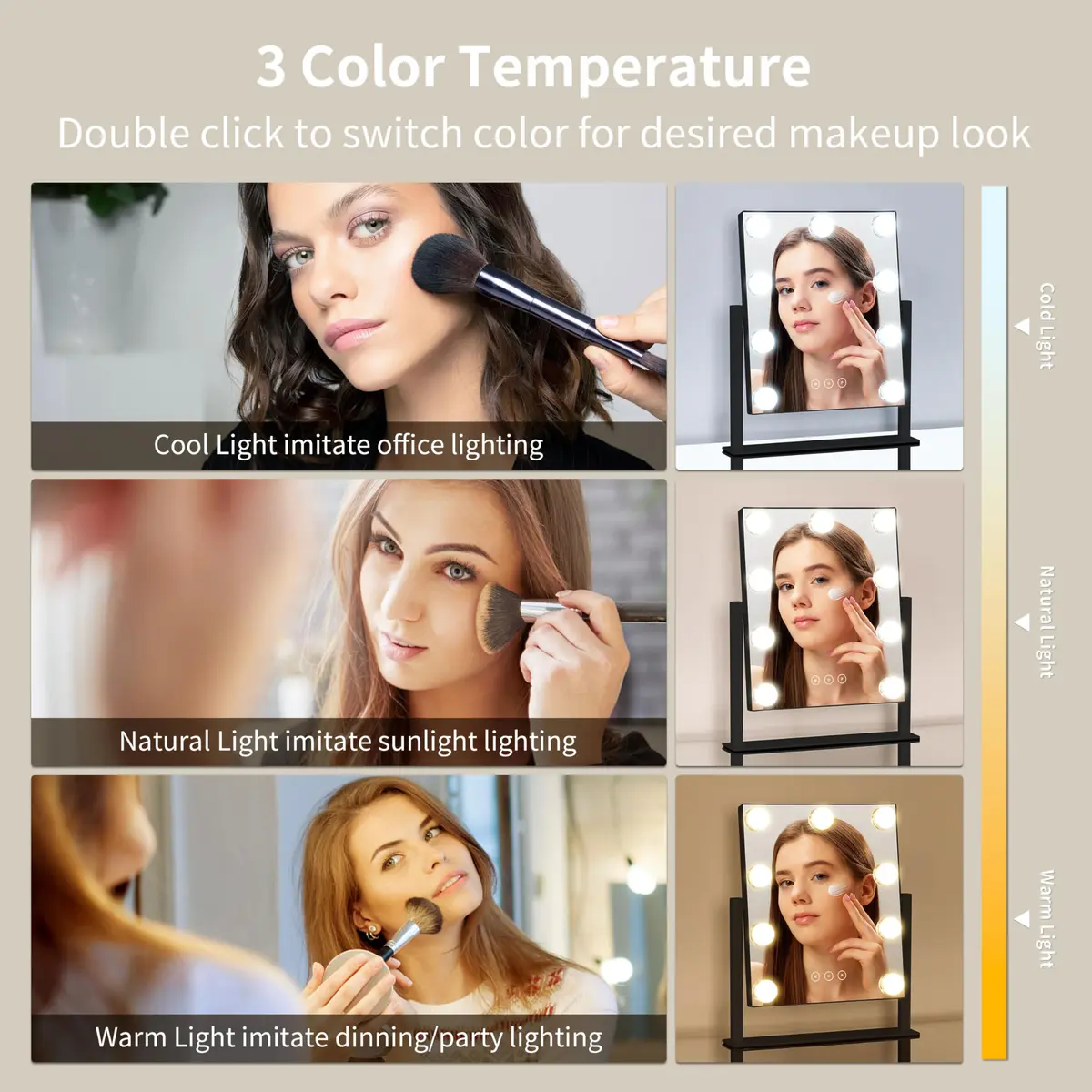 NUSVAN Makeup Vanity Mirror with Lights, 9 Dimmable LED Bulbs, 3 Color Modes, 10X Magnification, Touch Control, 360° Rotation | Elegant Bedroom Essential - view 2